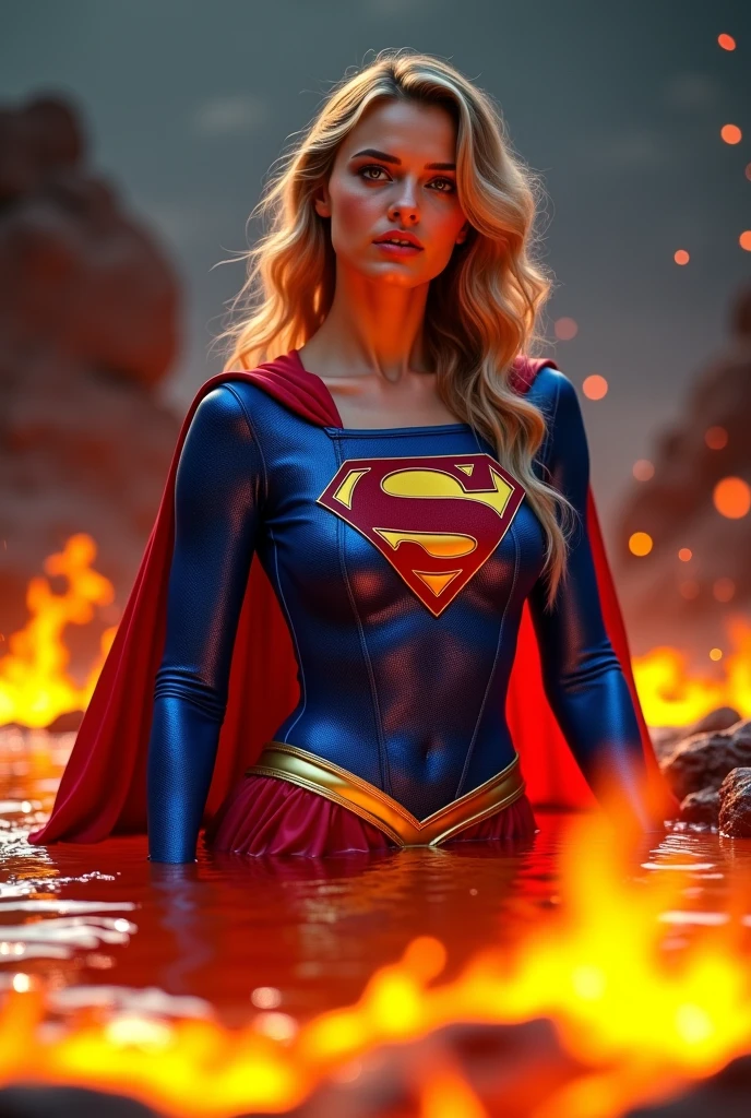 A SEXY SUPERGIRL WEARING A TIGHT FORM FITTING BLUE SUPERGIRL COSTUME AND RED SUPERGIRL CAPE SUBMERGED IN HOT LAVA AS THE LAVA SEEPS INTO HER VAGINA AND CLIT, PARTIALLY NUDE, ARCHED BACK MOANING AS SHE GRABS HER BIG PLENTUFUL SUPERGIRL BOOBS.INCREDIBLY DETAILED GLOWING SKIN, INCREDIBLEY DETAILED FACE, INCREDIDBLEY DETAILED CLOTHING, TEXTURED SKIN PORES, TEXTURED HAIR, 8K ABSURD RESOLUTION, MASTERPIECE. PHOTO REALSITIC, HYPER REALISTIC.16K RESOLUTION. PREFESSIONAL GRADE IMAGE.