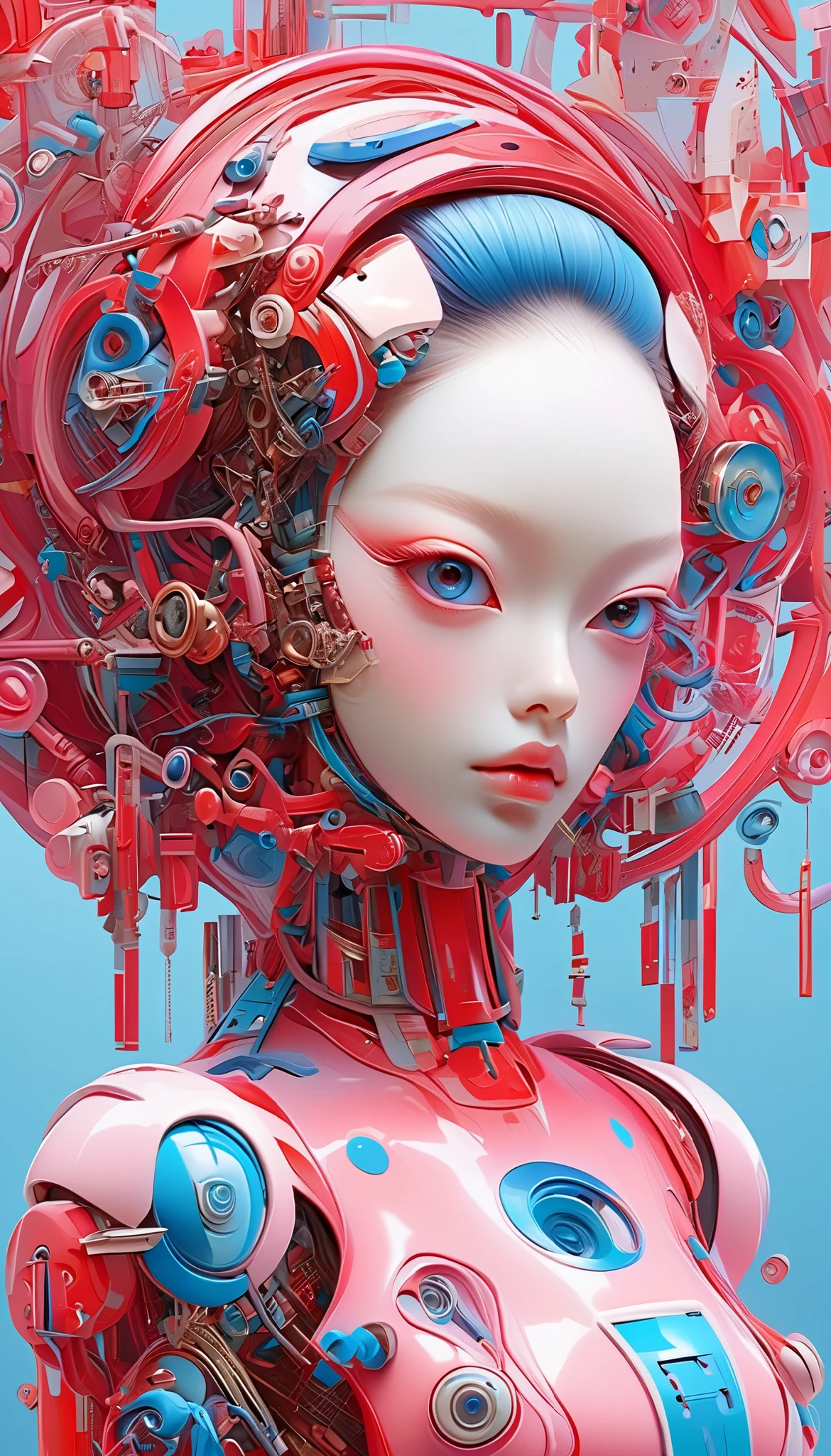A cybernetic eye / mechanical prosthetic eye ,Mechanical sensing eye,Klein Blue,Future Guofeng Machinery Princess,红装古韵与mechanical aesthetics交织的奇幻视觉精美细腻,8K Ultra HD,hyperrealistic,Strange and charming,Gorgeous,Sci-fi future,mechanical aesthetics, Chinese style,Red classic,Noble and elegant,Full of power,Artificial intelligence has a pair of mechanical eyes, 3D illustrations of the upper body and face of a human body model, gradient background, soft color palette , pink blue, Minimalism, and surrealism, private