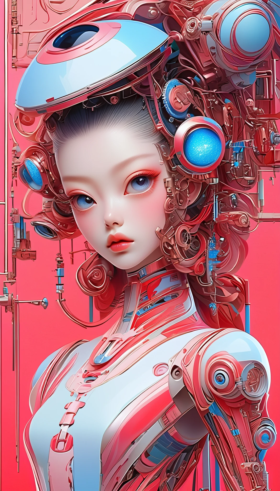 A cybernetic eye / mechanical prosthetic eye ,Mechanical sensing eye,Klein Blue,Future Guofeng Machinery Princess,红装古韵与mechanical aesthetics交织的奇幻视觉精美细腻,8K Ultra HD,hyperrealistic,Strange and charming,Gorgeous,Sci-fi future,mechanical aesthetics, Chinese style,Red classic,Noble and elegant,Full of power,Artificial intelligence has a pair of mechanical eyes, 3D illustrations of the upper body and face of a human body model, gradient background, soft color palette , pink blue, Minimalism, and surrealism, private