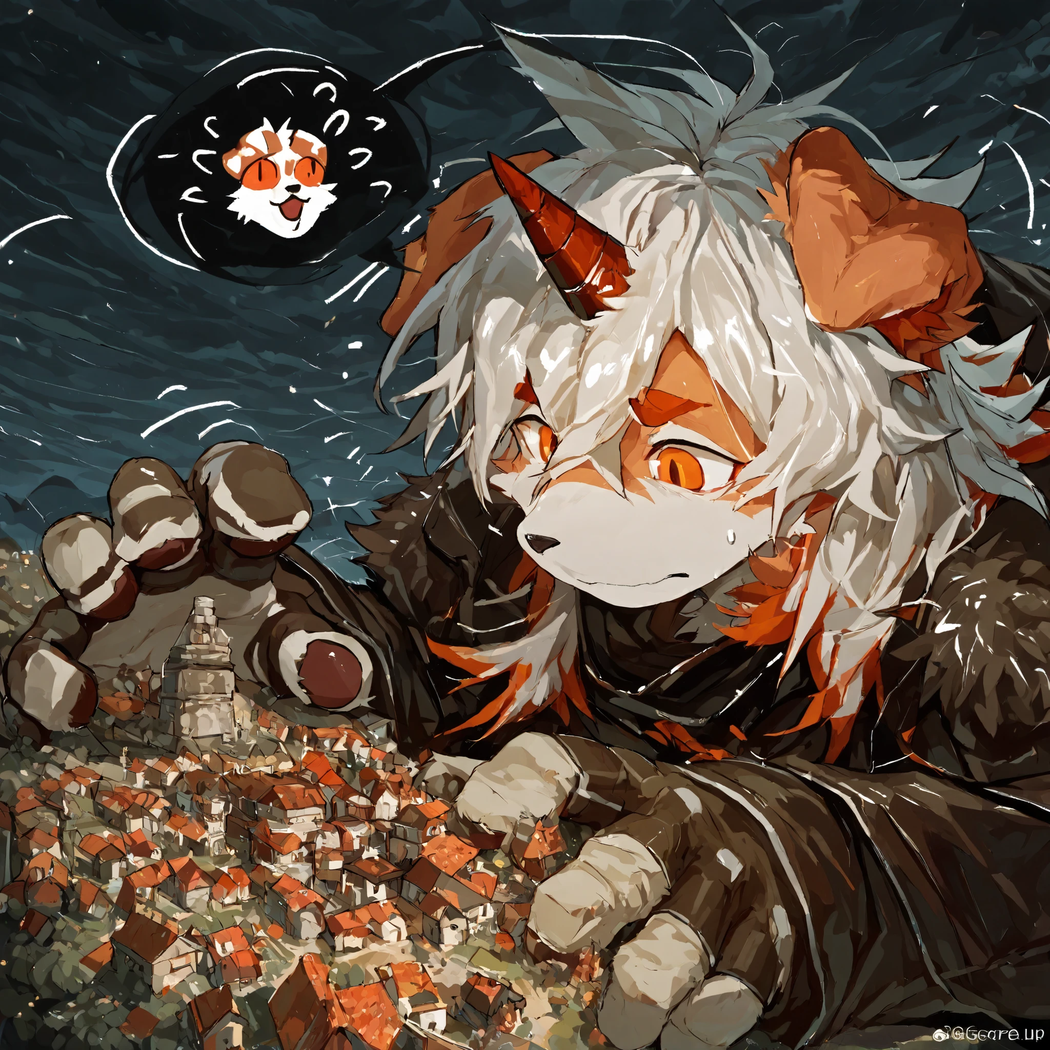 score_9, score_8_up, score_7_up, score_6_up, furry, anthro, solo, hung, perro, arknights, two-tone fur, medium hair, white hair, single horn, orange eyes,，(macro size: 1.2), furry hung, medieval fantasy, 1male, closeup furry fingers,  (furry hung face reaction: 1.1), tiny village under the palm of her hands, Gentle personality, foreshortening