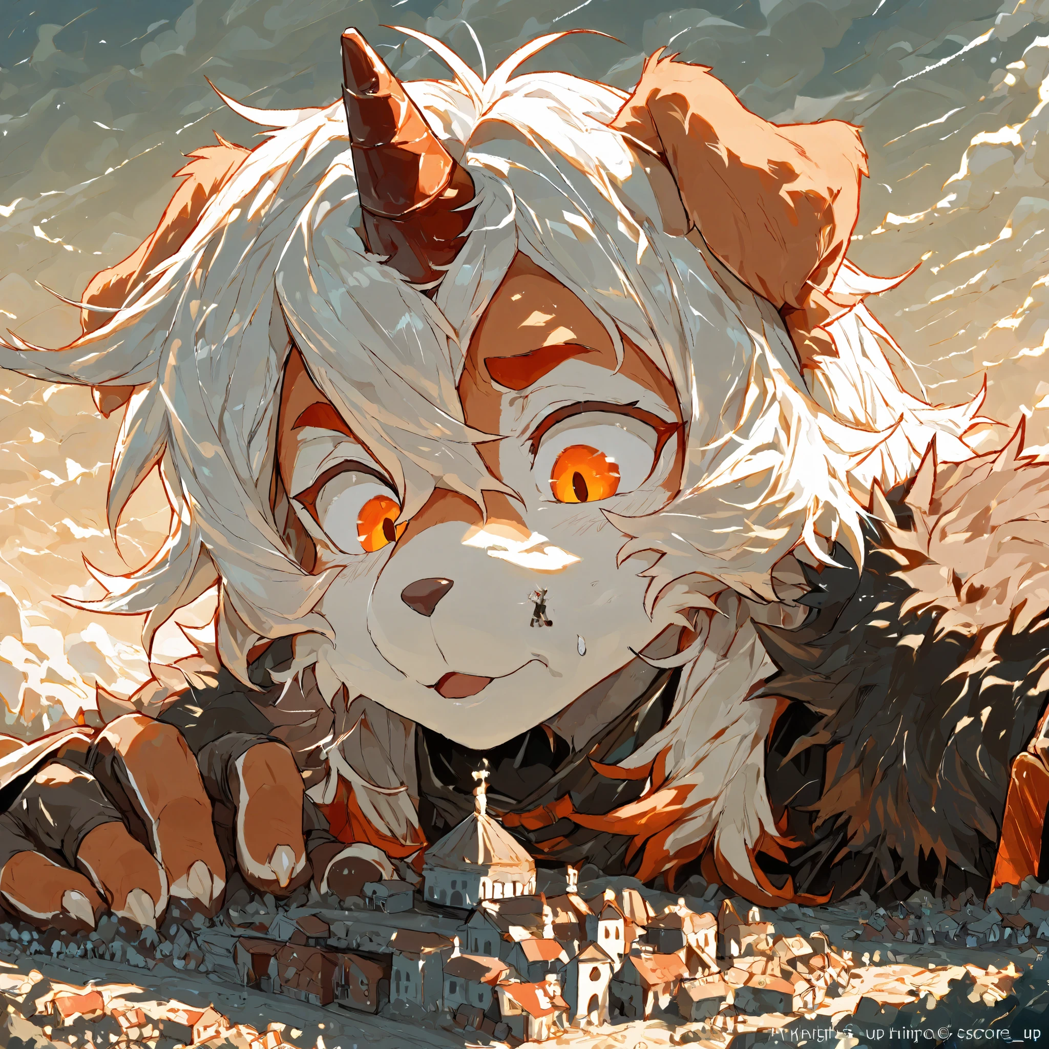 score_9, score_8_up, score_7_up, score_6_up, furry, anthro, solo, hung, perro, arknights, two-tone fur, medium hair, white hair, single horn, orange eyes,,(macro size: 1.2), furry hung, medieval fantasy, 1male, closeup furry fingers, (furry hung face reaction: 1.1), tiny village under the palm of her hands, Gentle personality, foreshortening