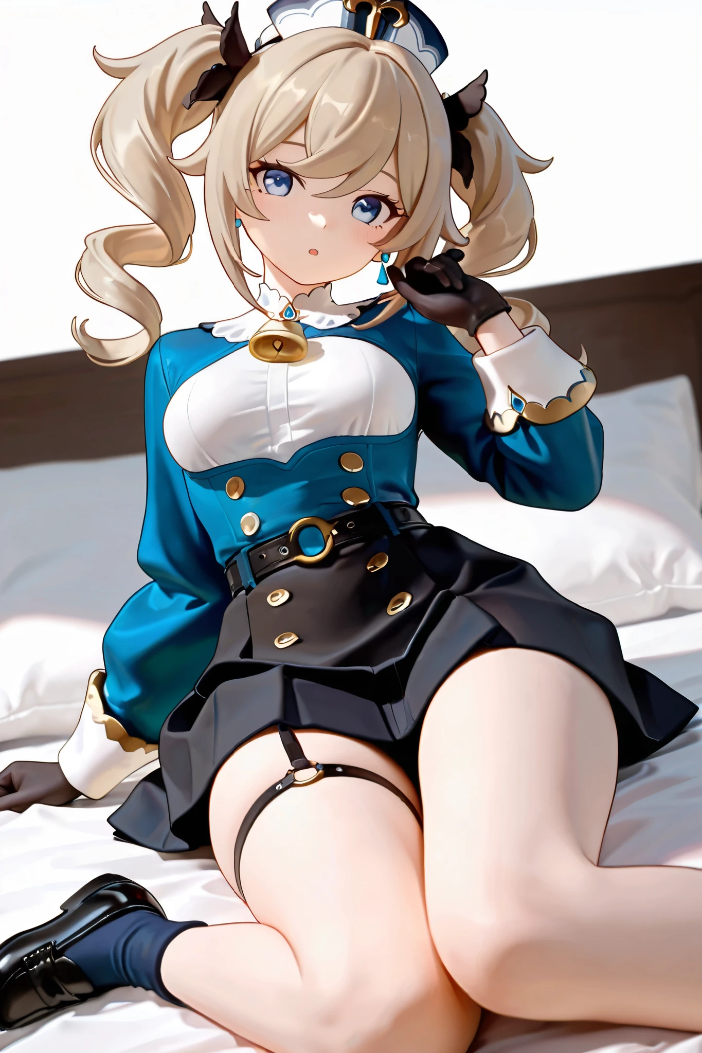 Kagamine rin , 1girl, traje de enfermera, Gorra de enfermera, Desgaste blanco, ((Legwear blanco, Zettai Ryouiki)), Guantes blancos, cabello rubio, ojos azules, labios rosados, They are smiling, En pie, ((hospital room)), sharp outline, manga corta, La mejor calidad, Obra maestra