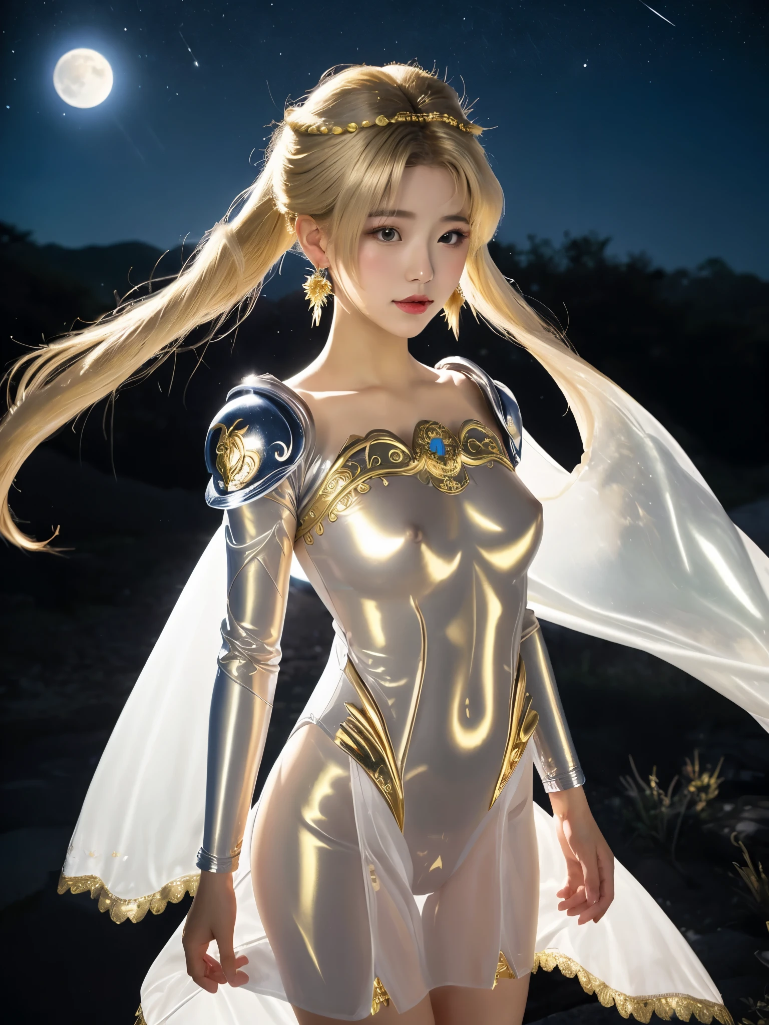 bodysuit,see-through,mecha,seethru,eternal sailor moon,princessserenity, blonde hair, hair ornament, forehead mark, earrings, white dress,Translucent body armor with ornamental floral pattern,Bow red ,Translucent latex skirt, Sparkling golden hair ,Beautiful Girl Wearing Translucent Body Armor ,Beautiful girl is Japanese, , height 155, proportion 30 18 31, On her back, silver feather wings have an ornate gold pattern.,The background is the starry sky and the moon