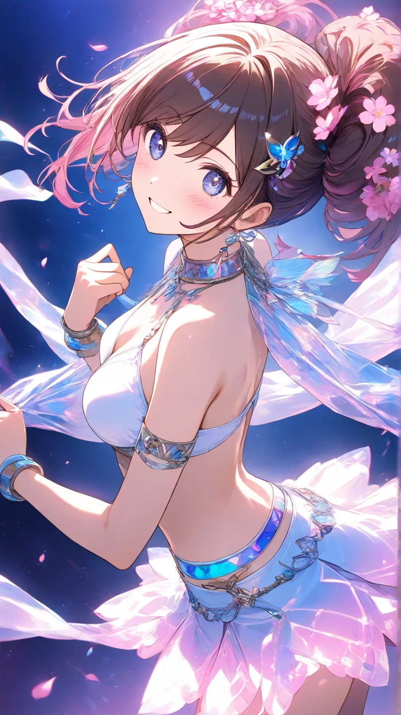 japanaese girl, Smooth and delicate lines, Wearing a glamorous and flowing miniskirt, Miniskirt blue-pink, Shy, Beautiful face, Exquisite makeup, Willow leaf eyebrows, Gentle eyes, Hair in a bun, Wearing a transparent hair ornament in the shape of a butterfly, Hair blue-pink gradient,Heart-shaped choker、 Butterfly on the hand, Graceful and flowing movements, Watercolor style, The image is clean and clear, Gu Kaiji, Qiuying style