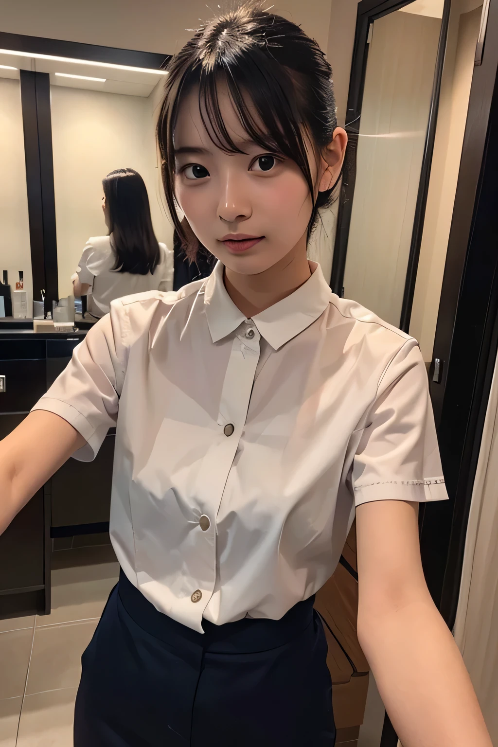 A woman in a white shirt and plaid skirt is taking pictures, sakimichan, chiho, 2263539546], With short hair, Seifuku, sakimichan, wearing in shirt, 奈良美智, reluvy5213, Wearing school uniform