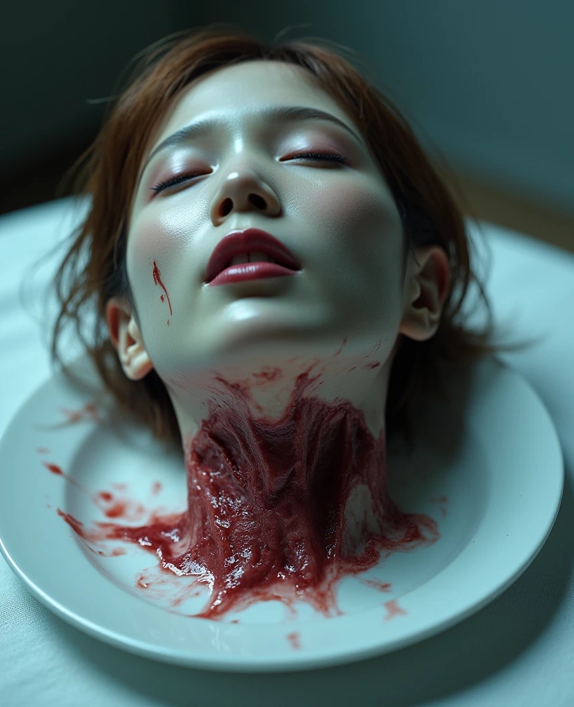   place the head of a decapitated woman , Asia,  Less blood stains   , ((  with eyes closed )),   like a dish on a plate  , Bloody,  actual , 4K, Nikon, fear