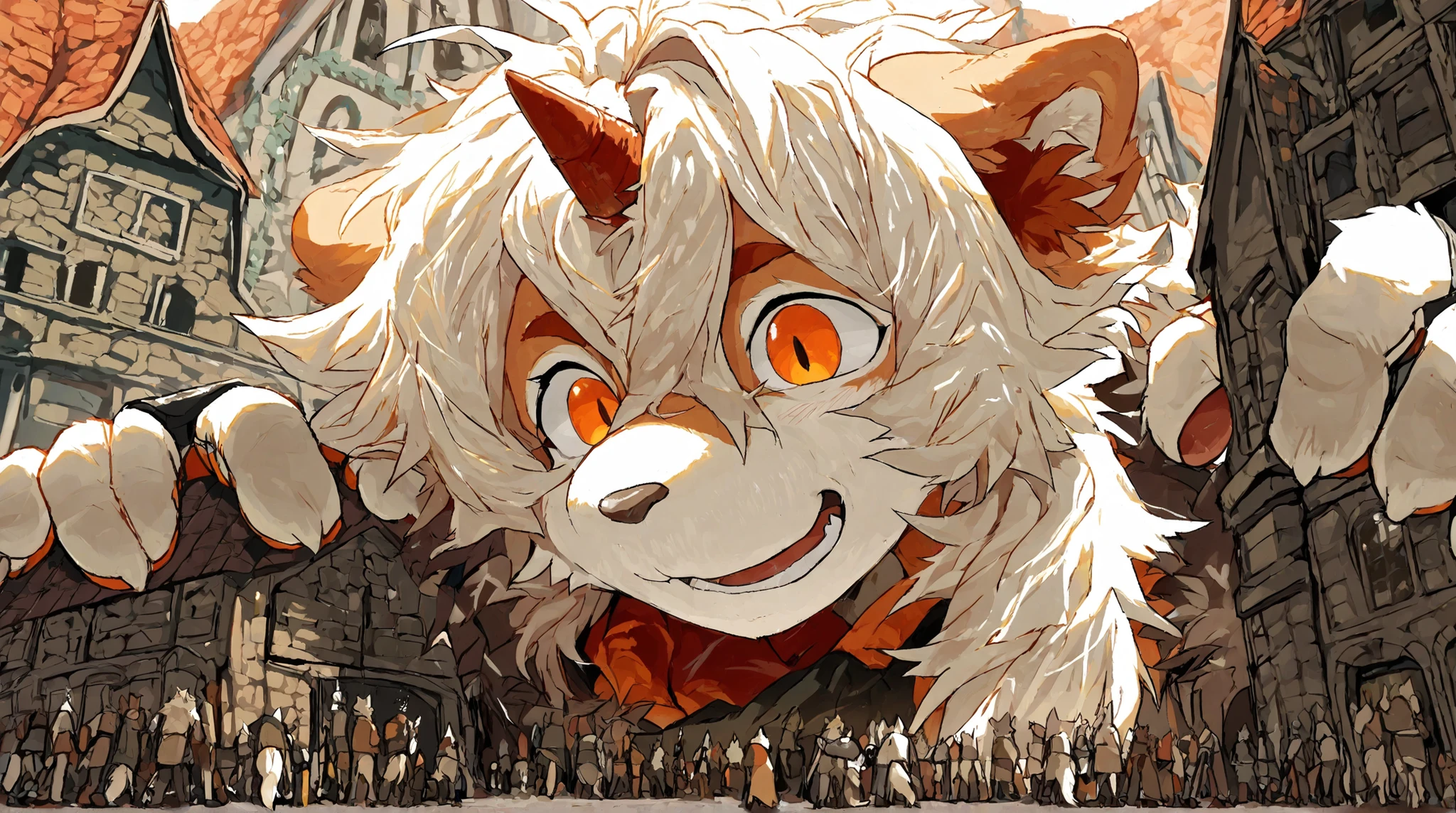 score_9, score_8_up, score_7_up, score_6_up, furry, anthro, solo, hung, perro, arknights, two-tone fur, medium hair, white hair, single horn, orange eyes,,(macro size: 1.2), furry hung, medieval fantasy, 1male, closeup furry fingers, (furry hung face reaction: 1.1), tiny village under the palm of her hands, Gentle personality, foreshortening