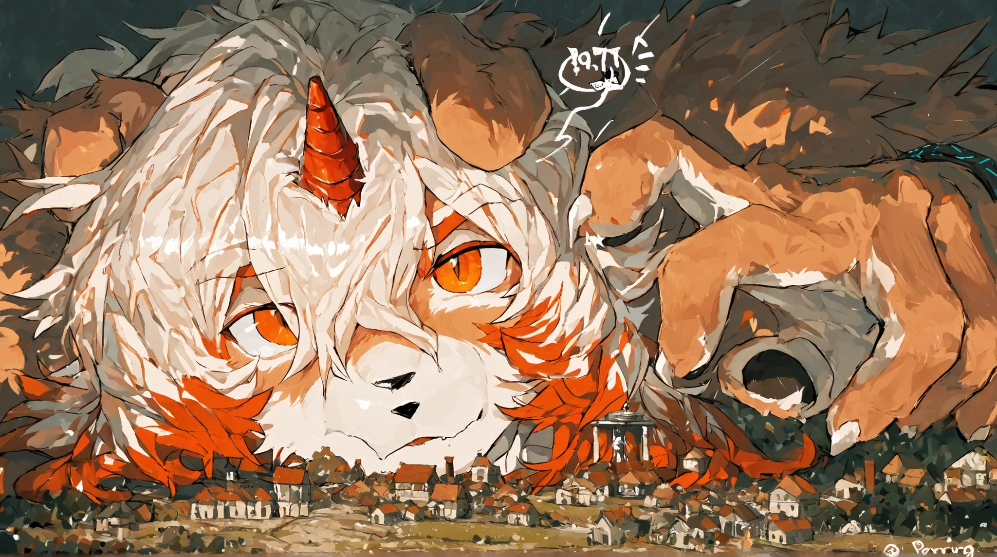 score_9, score_8_up, score_7_up, score_6_up, furry, anthro, solo, hung, perro, arknights, two-tone fur, medium hair, white hair, single horn, orange eyes,，(macro size: 1.2), furry hung, medieval fantasy, 1male, closeup furry fingers,  (furry hung face reaction: 1.1), tiny village under the palm of her hands, Gentle personality, foreshortening