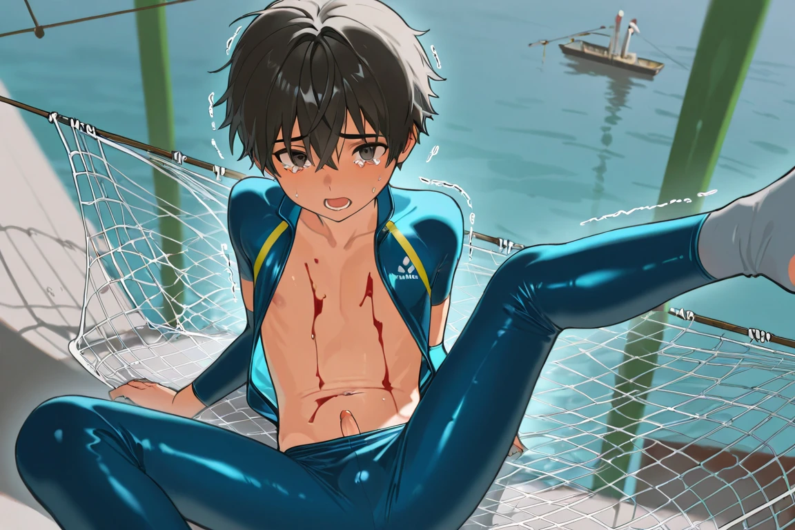 ((Solo gay boy:1.3)),(fullbody),(disappointed:1.3,constricted pupils:1.4),embarrassed,tears,show teeth,tearsdrop,lying on the bed,before anal gay sex, Highest quality, High resolution,very short cut mens messy hair,men's racing swimsuit,Detailed face,oily shine skin,(erect penis awe:1.4),spread legs,focus on navel,