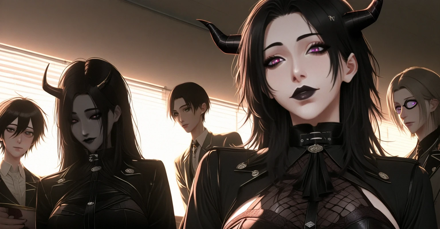 The demon king has a harem (his hair covers his eyes)