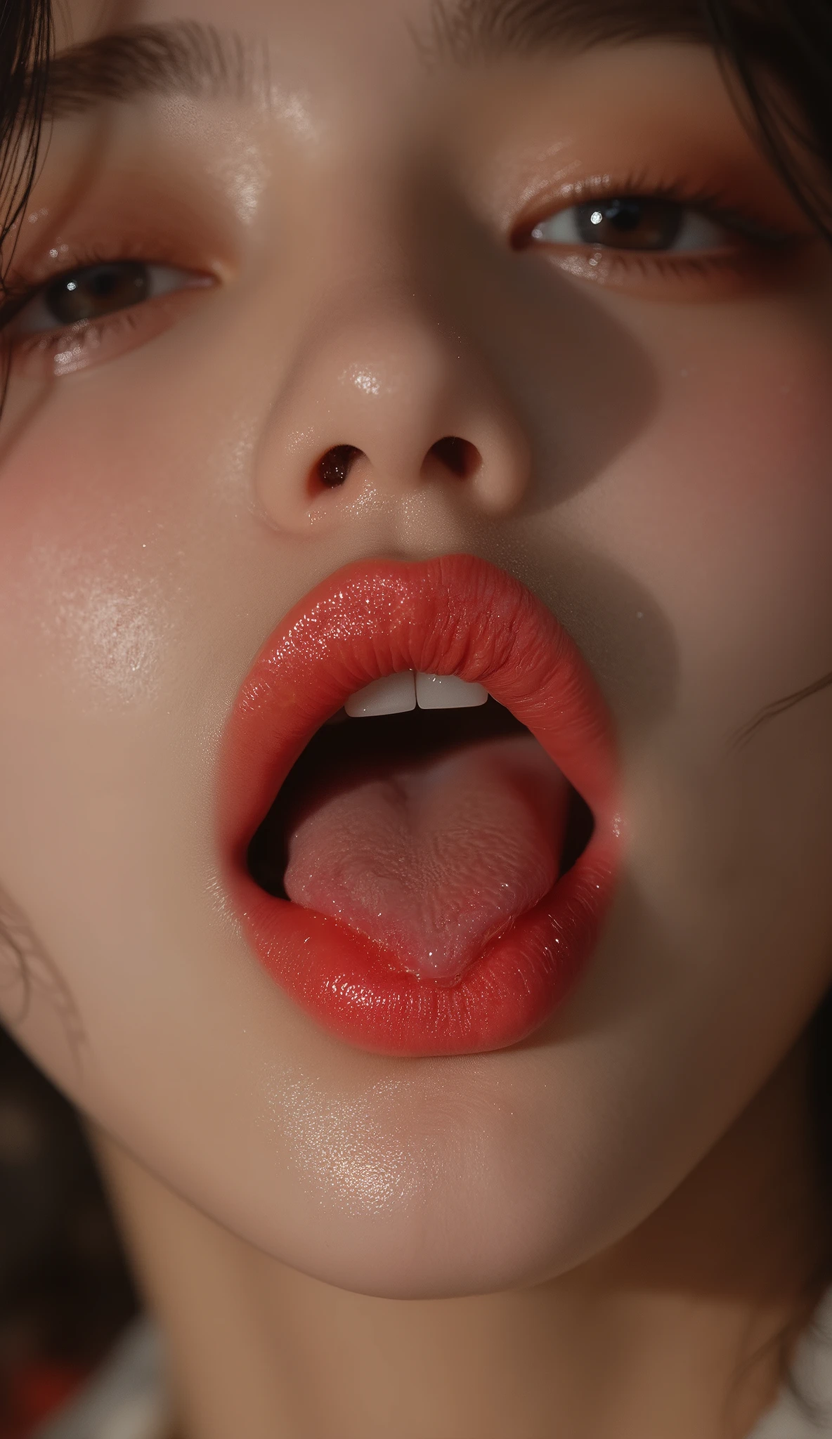 there is a woman with a big dick on her face, his face flushed and sweaty, thick red lips, digital art. @mariomaniacdude, inspired by Hedi Xandt, thick lips, cream dripping on face, give your mouth, crying and reaching with his arm, red lipstick on face, retouched hands, digital art but photo