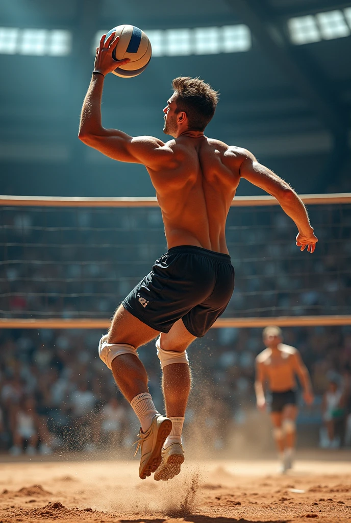 front view, a male volleyball player of European descent rises high above the net for a surve , he determination evident as he reaches for the ball, captured under the soft glow of the stadium lights. --ar 2:3 --style raw