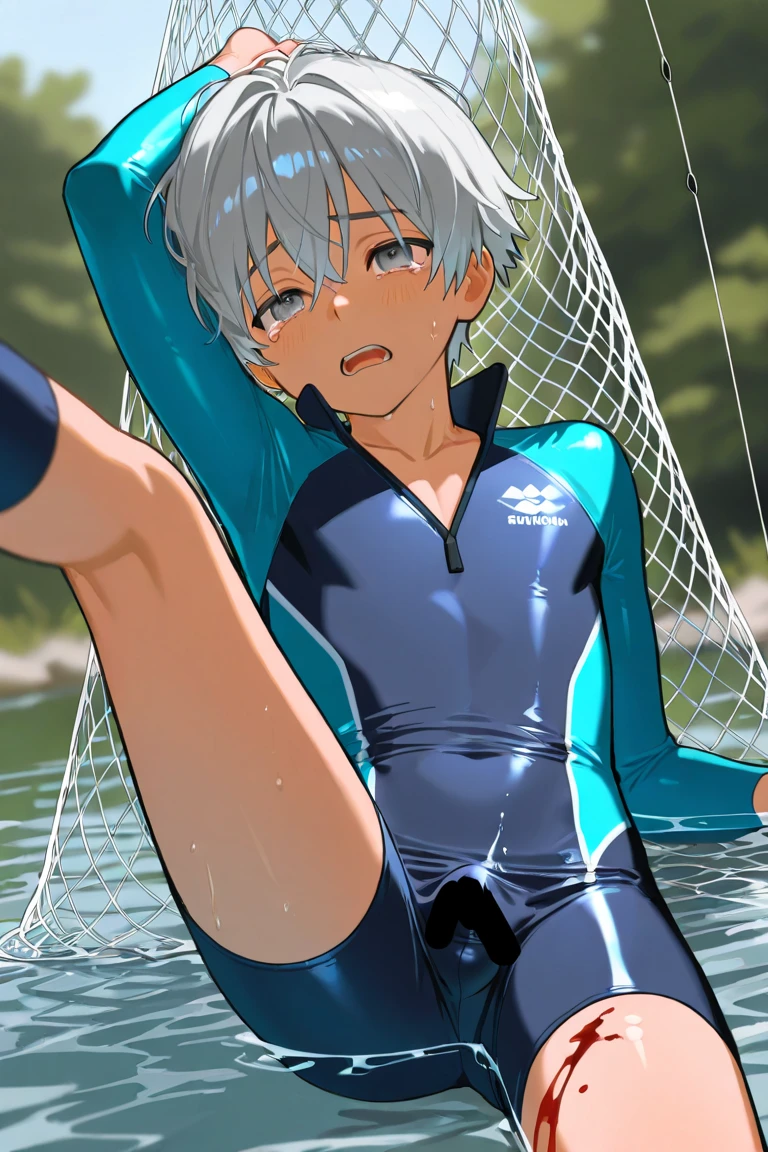 (solo:2), (boldline:-1.7), (swimming:1.5), (arched back:1.1), ((bubble)), (spread legs:1.2), (((fang))), (((best finger))), BREAK (best quality:1.5), (absolutely resolution:1.5), (ultra detailed:1.5), (masterpiece:1.5), (perfect face), (detailed face), (detailed eyes), (best eyes), (cute face), (shota:2.2), BREAK (topless:1.5), BREAK (white speedos:1.5), (swimming goggles on head:1.3), (see throgh wet clothes:1.4), (bulge:1.6), (skinny:1.3), (spiked hair), BREAK (light blue hair:1.5), (wine red eyes:1.4), (eyes with highlight:1.6), ((mole under eye)), (sweaty skin), (chuckling:1.5), ((earrings)), (shiny skin:1.3), BREAK (stadium), (pool:1.5), (sunlight), ((wind blowing)), (((nipple))), ((abs)), (groin), water splashing, from below,