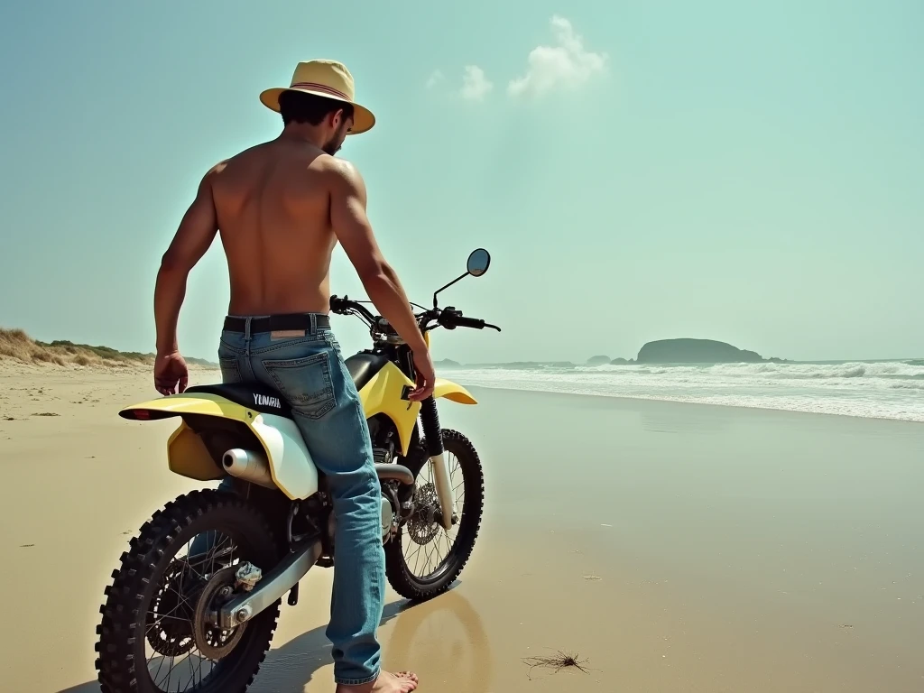 An illustrated poster of a man, 28 years old, leaning over a motorbike, showing her sweaty firm and sensual buttocks, Looking back