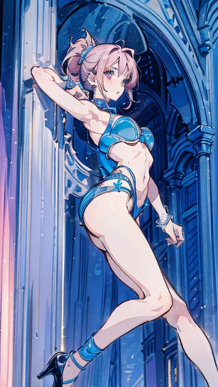 School swim wear,(best quality:1.2),(Super detailed:1.2),(surreal:1.2),(masterpiece:1.2), glowing skin,(Extremely thin:1.4),(The legs are extremely thin and thin:1.3),highest quality,ultra high definition,White knee socks,(extremely thin:1.2),bikini,Medium and close range,(Body is extremely skinny:1.2),(extremely slim:1.4),the only person,Clear bones and contours,sharp focus,raise arms,Very exaggerated waist-to-hip ratio