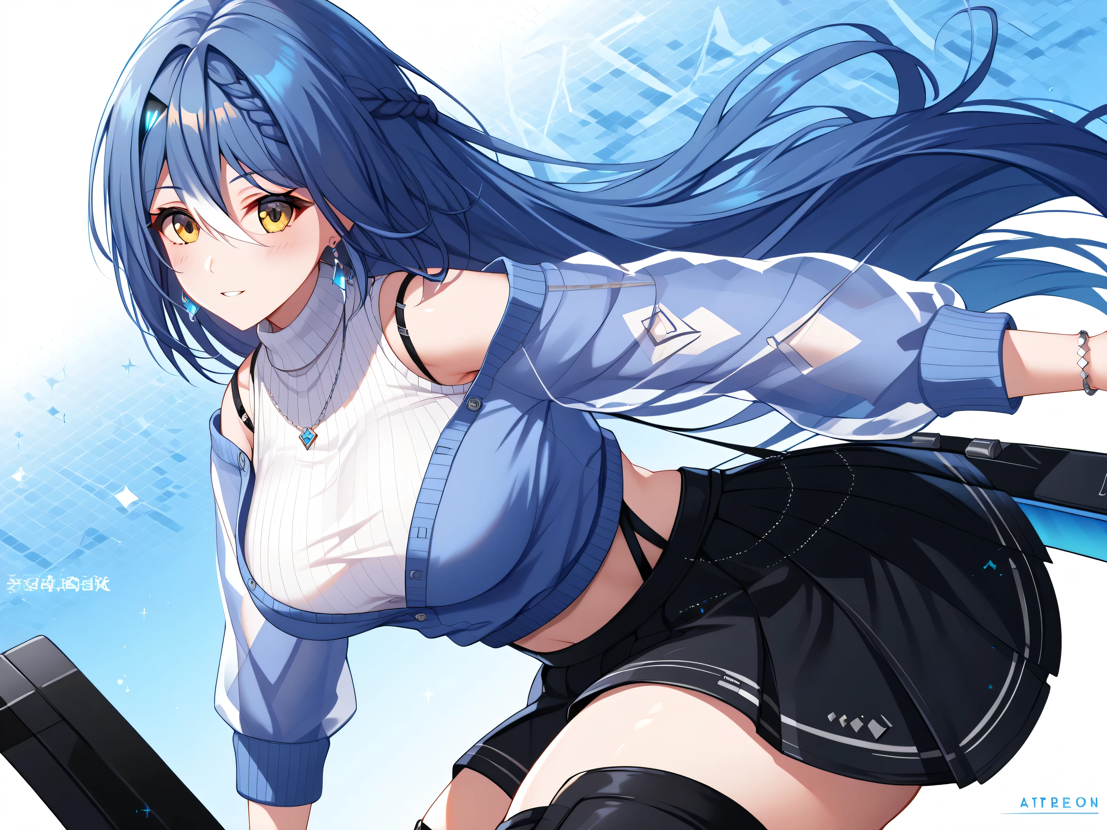 master piece、Best Quality,Super detailed,High resolution,Extremely detailed CG,Unity 8K Wallpaper,weat,score_9, score_8_up, score_7_up, score_6_up, score_5_up, score_4_up, source_anime ,Etra, blue hair, long hair, yellow eyes, white streaked hair, braid, hairclip,Vt_2nd, alt black footwear, alt thigh boots, high heel boots, midriff, suspenders, necklace, earrings, bracelet, sweater, pleated skirt, black skirt, shoulder straps, sleeveless shirt, white shirt, halter shirt, ribbed shirt, turtleneck, cropped jacket, partially unbuttoned, blue jacket, off-shoulder jacket, see-through sleeves, sleeves past elbow, jewelry,, mature female,lying on one’s back, spread legs,thick thighs,wide hips,large breasts