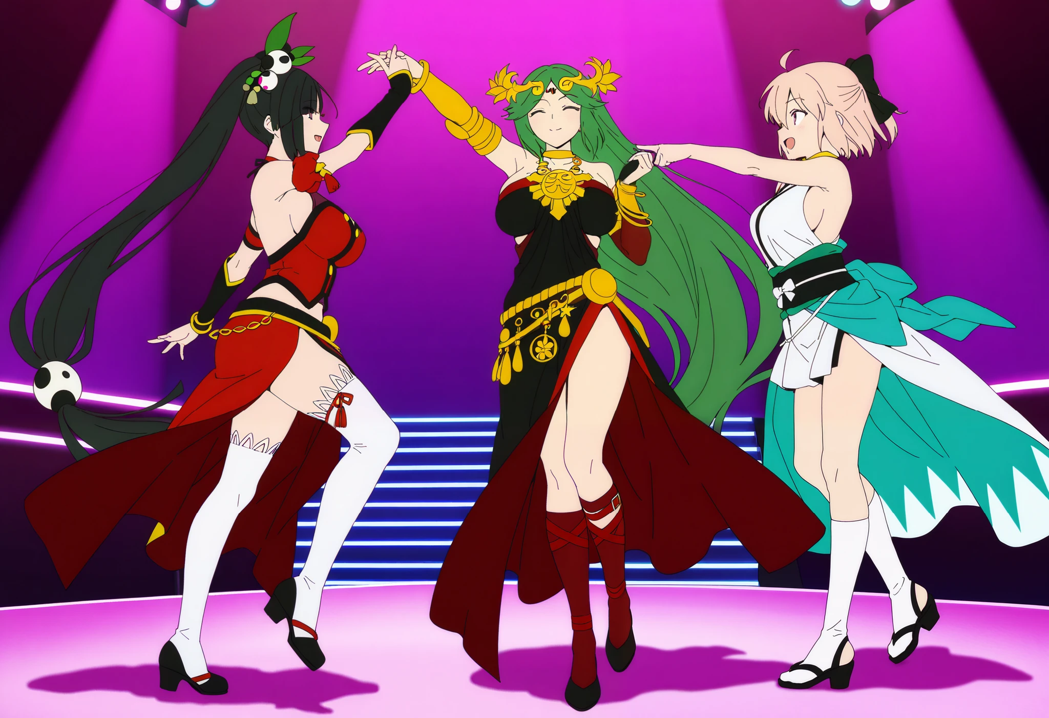 score_9, score_8_ up, score_7_ up, source_anime, (anime coloring, anime screencap:1.2), flat color, shiny skin , masterpiece, top quality, anatomically corrected, perfect body,face, (3girls),((Okita Souji :1.2)),((palutena:1.2)),((litchi faye ling:1.2)), sister,sideboob,idol clothes,long kneehighs,thighhighs,skindantation,socks,curvy,large breast,huge breasts,stage,dance,live,