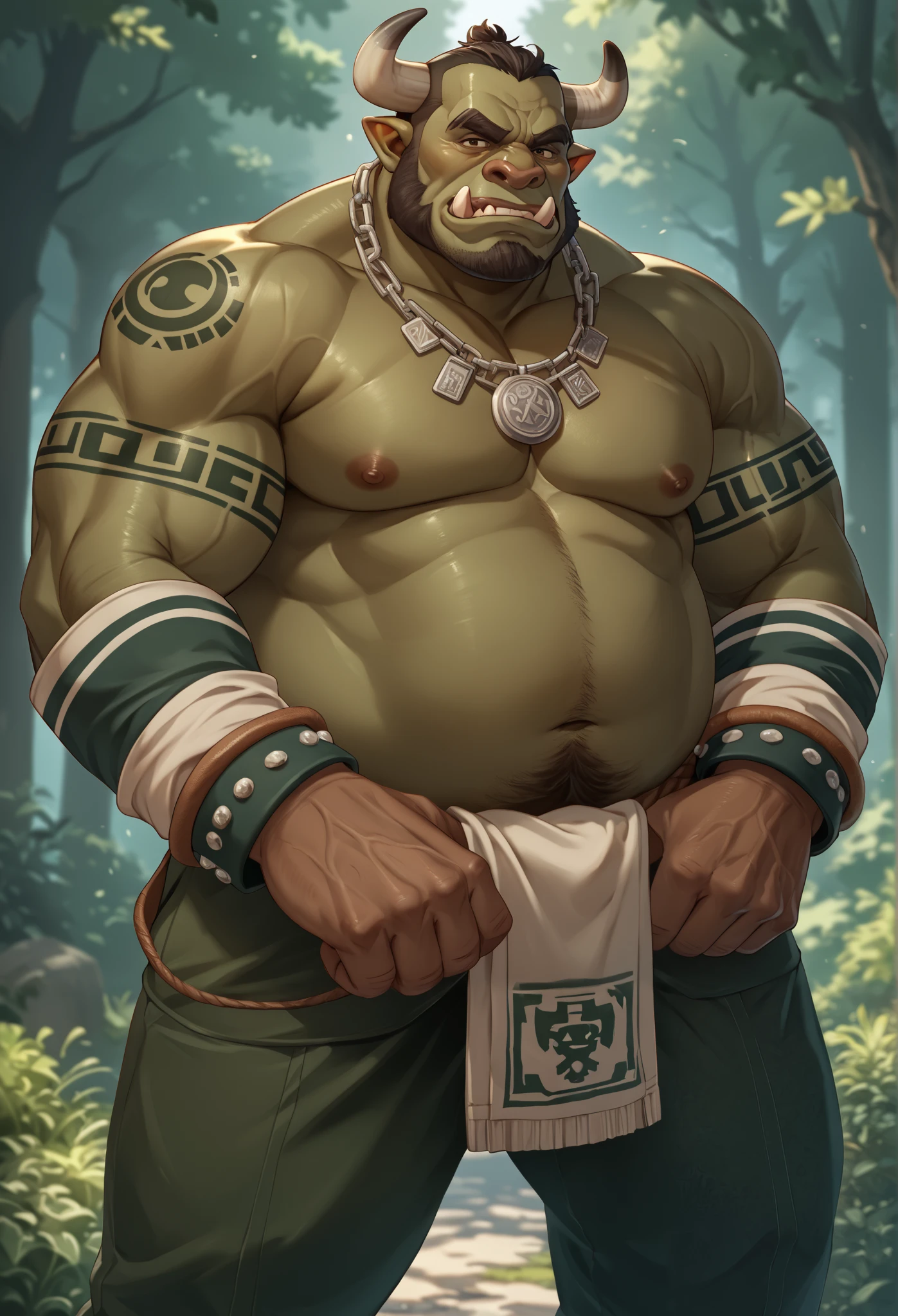 score_9, score_8_up, score_7_up, solo, male focus, fat male, orc, green skin, tusks, beard, outdoors , day, , (( black micro tight shorts )) , full body , His body was wet with cum , BDSM , shibari