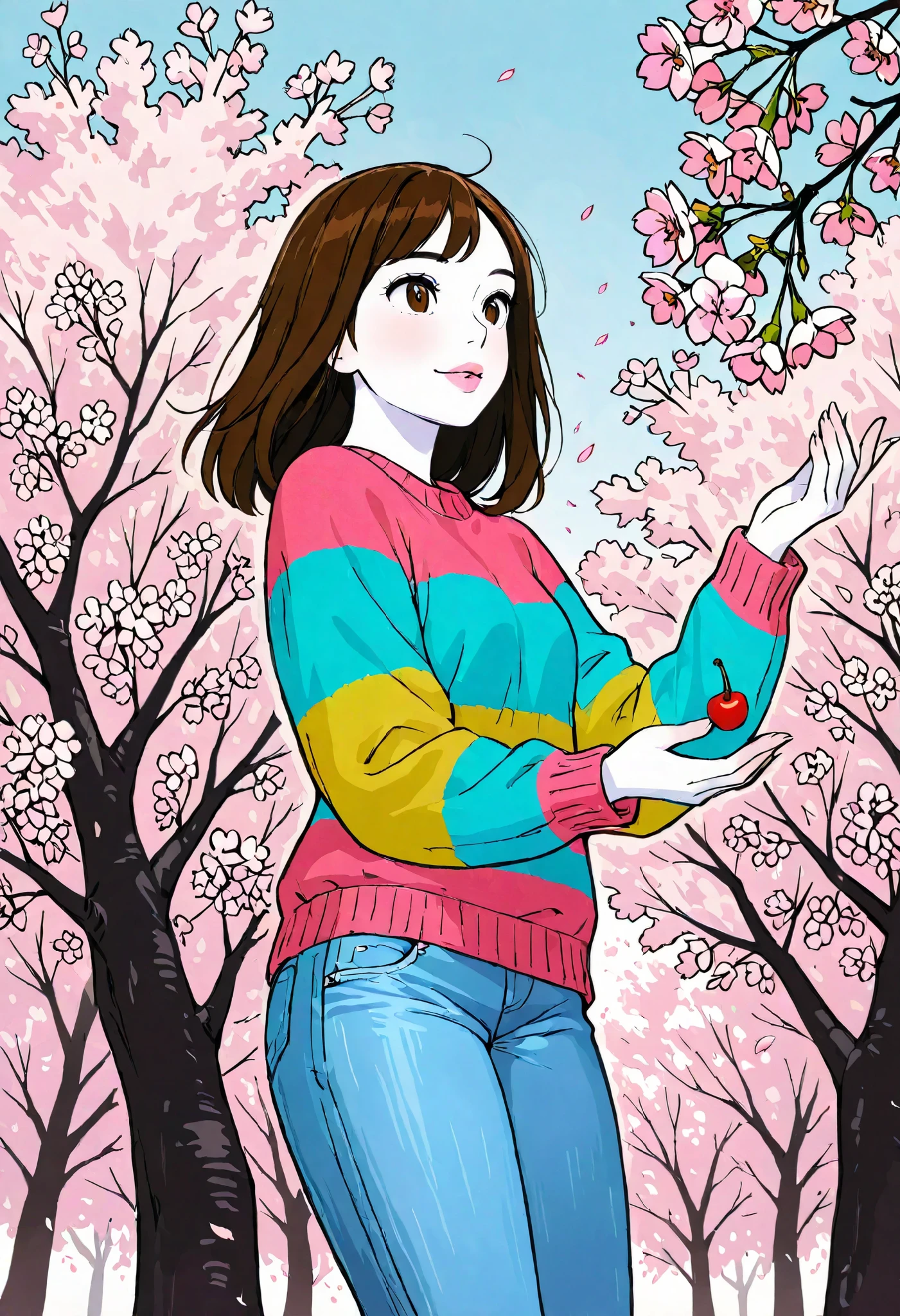 Girl, long, straight brown hair, brown eyes, sharp features, white skin, bright pink lips, beautiful, perfect, wearing a colorful sweater, jeans jacket, some cherry blossoms flying around her, high quality resolution, clear colors.