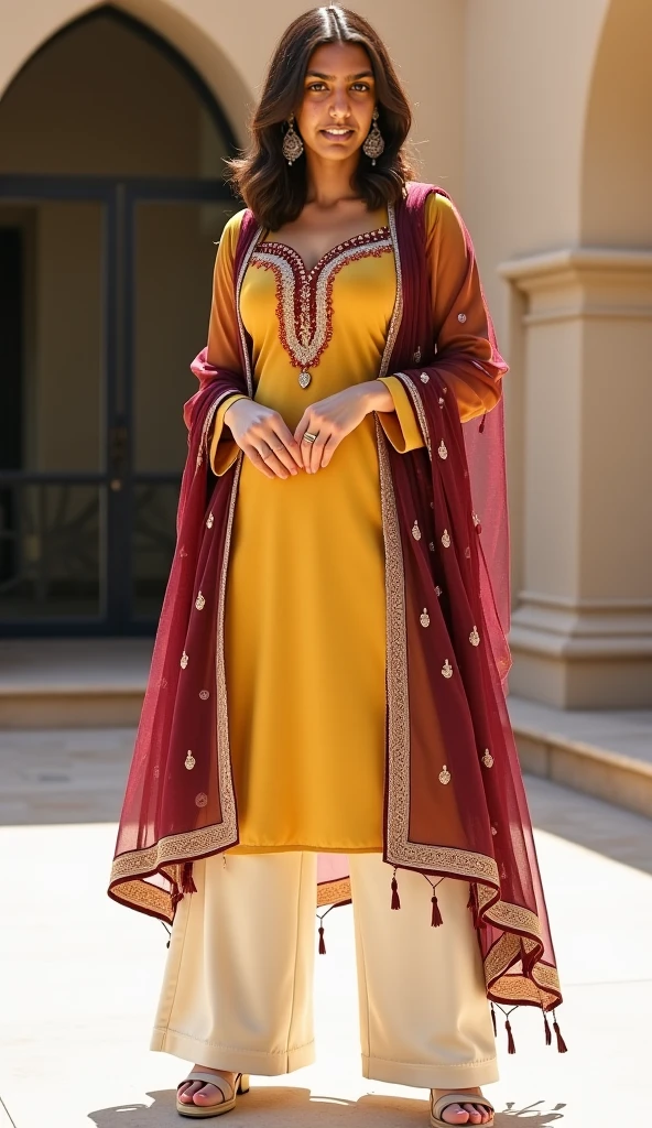 (full body shot), (inspired by Amy Jackson), A beautiful Indian women wearing a net kurta, (knee length kurta, laces kurta, net sleeve, skinny salwar), perky breasts, deep neck, Indian outfits, beautiful suit, gorgeous looking, ultra detailed face, red lips, high heel, high quality picture, candid picture, ultra detailed face, realistic face, Indian outfits, Indian traditional, elegant costumes,