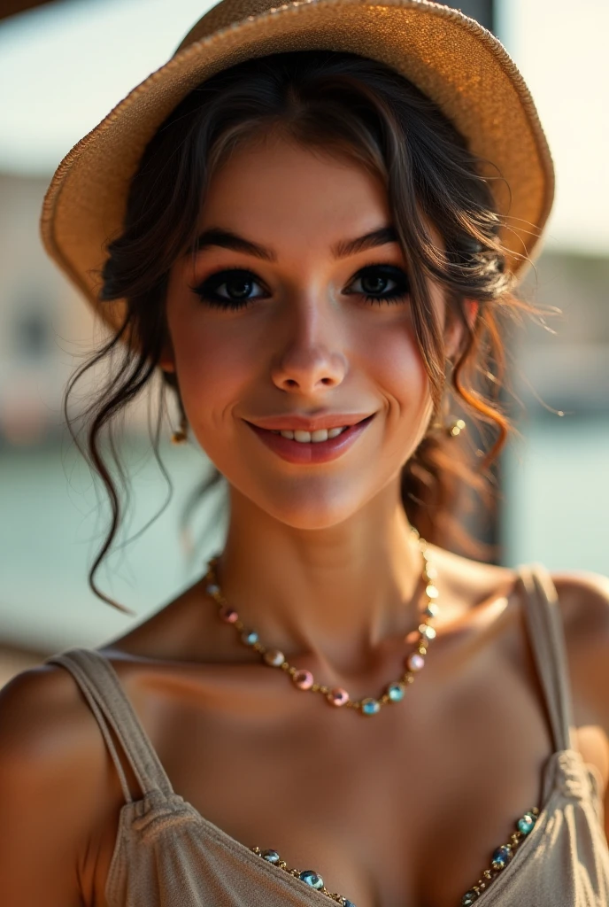 (8k, Best Quality, Masterpiece:1.2), (Realistic, Photo-Realistic:1.37), Ultra-Detailed, Best Quality, Ultra High Resolution, Professional Lighting, Photon Mapping, Radiosity, Physics-Based Rendering, Cinematic Lighting, Sharpness, Sunshine, Good Composition,(bokeh:1.2) 1girl,A moderately tall woman, about 1.65 meters, with a slim and toned body. The hair would be dark, almost black, with dark brown highlights, and it would be long and Ponytail. The eyes would be a deep blue, almost turquoise, with a warm and welcoming look. The skin would be brown, with a warm and natural tone, the smile would be wide and warm, with aligned and shiny teeth. A small scar on the upper lip. More feminine proportions, with loose shoulders and generous curves at the waist and buttocks. fait un clin d'œil et un grand sourir dans la rue avec ses amis un jour ensoleillé, image type photographie, reel, full détaille, assise en terasse de café