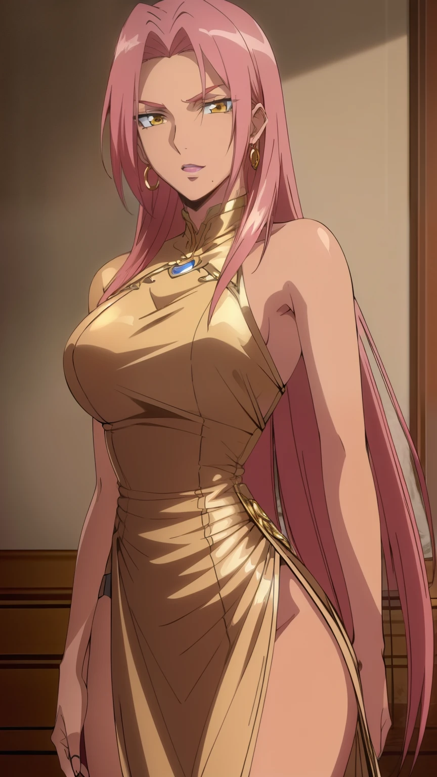 (Top quality, masterpiece, 8k:1.2), (anime coloring:1.5), (pixel-perfect, detail-perfect), very detailed, perfect hair style, beautiful eyes, perfect eyes, detailed eyes, perfect eyebrows, perfect face, detailed face, perfect hairstyle, ultra-detailed, detailed eyes, symmetrical eyes, sharp detailed, Ingrid, one girl, 20 years, adult woman, (long hair:1.3), (mature face:1.3), (yellow eyes), slim, slim body, (large breast:0.8), nffsw, (sexy evening dress, gold dress, earrings, room), looking at the viewer, in the center of the image, (beautiful_chest:1.1), (beautiful_face:1.2), (beautiful_waist:1.2), (cowboy shot), dutch angle,