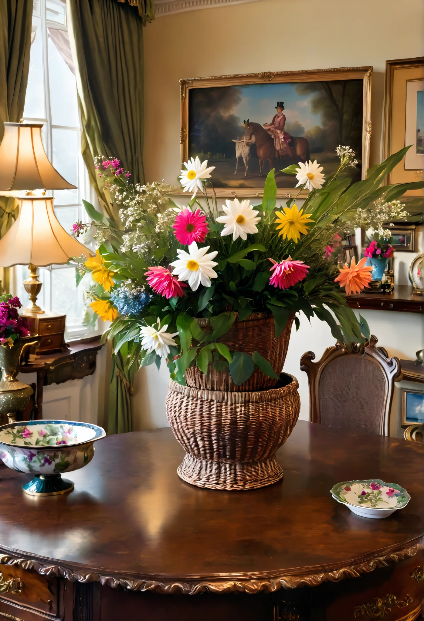 18th century flower basket, on a table in a Victorian room, paintings
