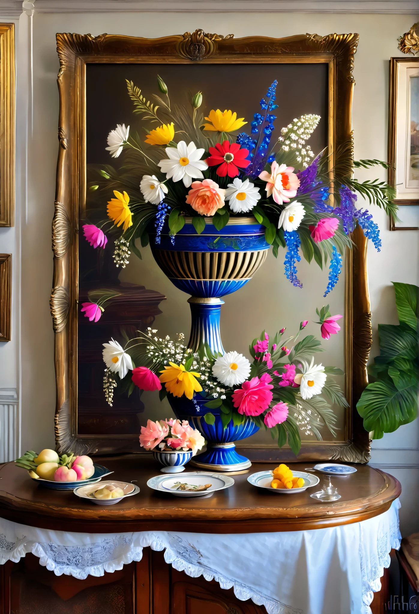 18th century flower basket, on a table in a Victorian room, paintings