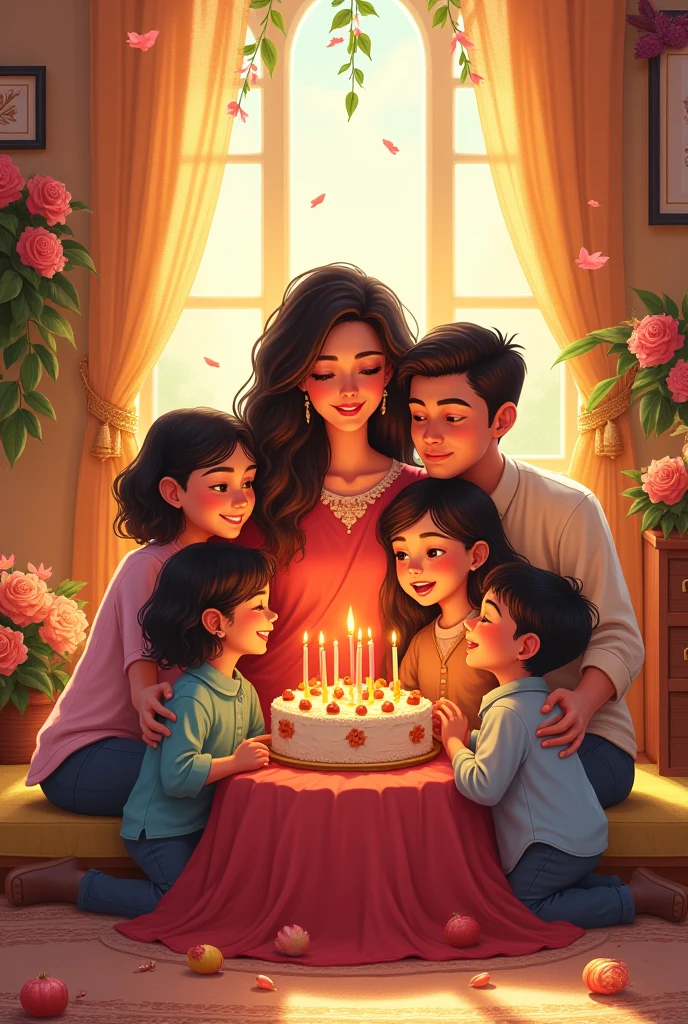 The women waring a red dress with full sleeve hand dress with covered nack and she's holding a flower bouquet and another hand shes cut the  chocolate cake she's big brother also there he's waring a ( pink t shirt and black Shorts) he's taller then she happy face and big smile background like a living room and she's family also there sister waring ( green frock ) mom waring ( blue frock ) big brother (denim and full sleeve purple color t shirt ) and nind years old brother waring ( Brown t shirt and black shorts )Hair Between Eyes, Ponytail, Smile, 