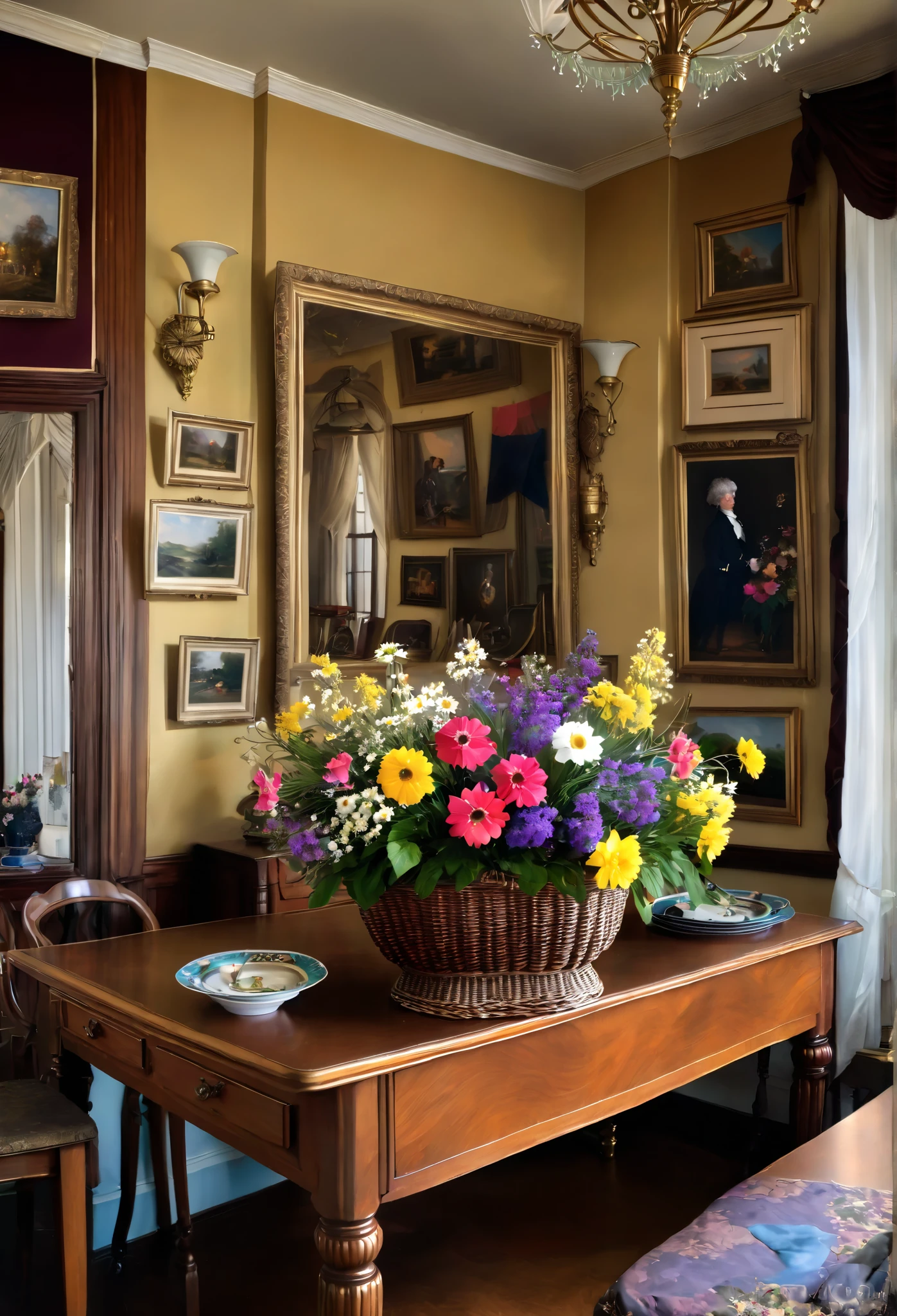 18th century flower basket, on a table in a Victorian room, paintings