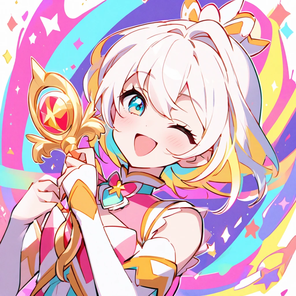 cure holy(magical girl, cool beauty, middle breast, tiara, short hair, silver hair, gold eyes, simple white dress, white long boots, white opera gloves), tracing(take up one hand)