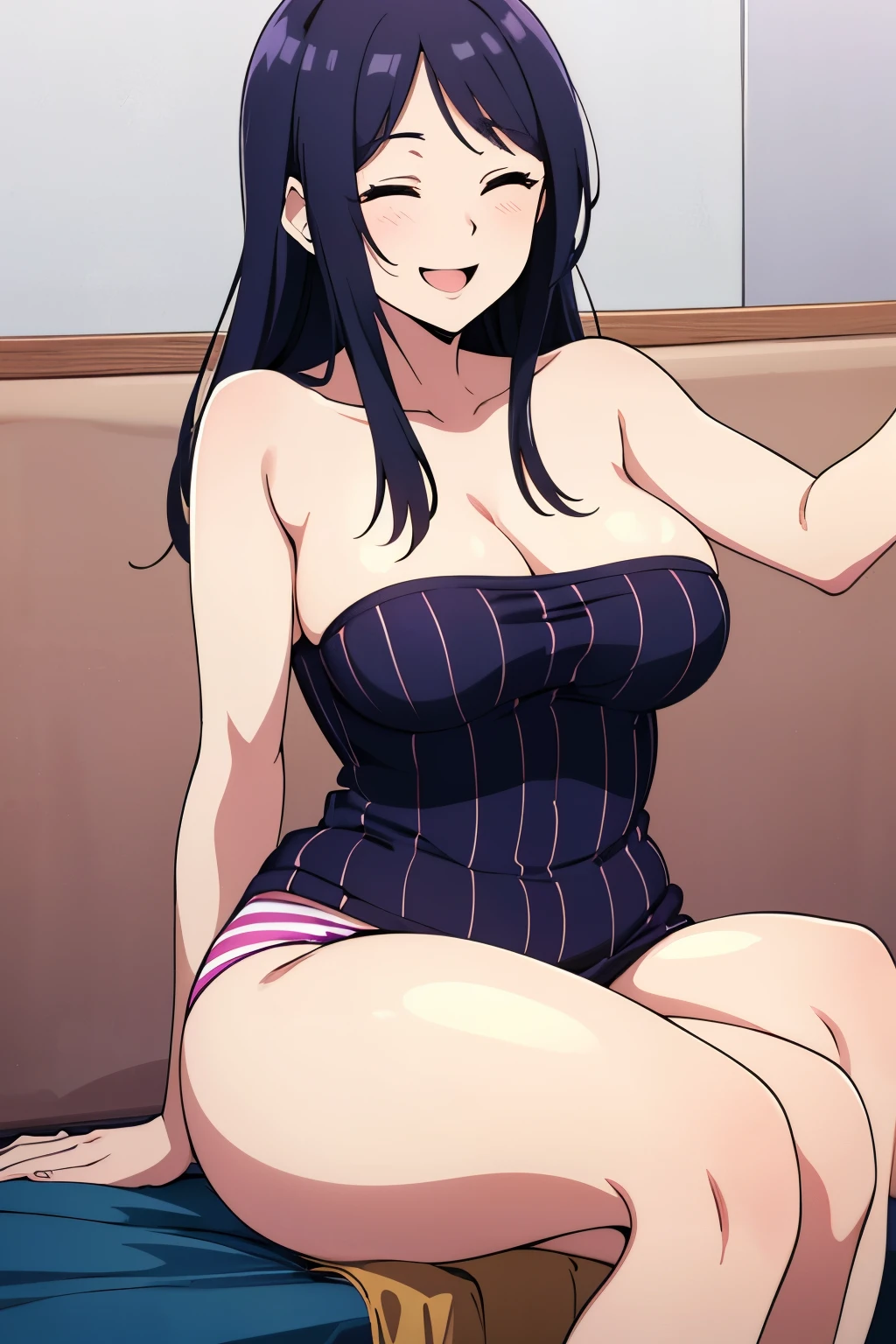sitting, spread her legs,white panties, yellow bikini, luxury livingroom background, NonoharaMikako, milf, anime cels style, best quality, high resolution, 1girl, (huge breasts:1.2), beautiful face, looking at viewer, blush, light smile, purple hair, long hair, red lipstick, makeup, blue eyes, perfect eyes, detailed eyes, detailed hair, hair ribbon, cowboy shot