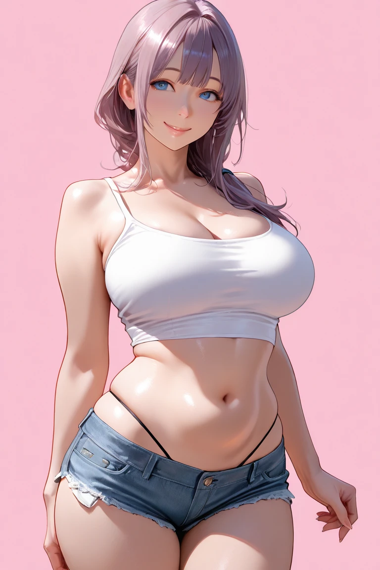 realist, 1 girl, Sakura Haruno, pink hair, green eyes, Large and round breasts, attractive body, pure white skin, bright Eyes, pink crop top, pink skirt, Chapped lips, rouge, evening, flores, sun , sunlight. He has his hand on his forehead making the sign "L" with your index finger and your thumb, your index finger and thumb form a right angle. His face is expressionless and with some disdain. Big feel, curves, big tits, female marked abdomen.