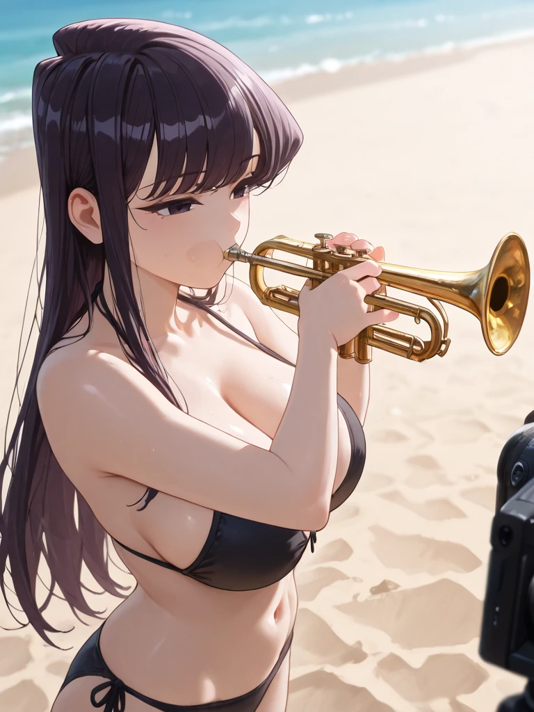 A super-realistic animation of a beautiful and elegant woman playing the saxophone on a beautiful beach at sunset.
