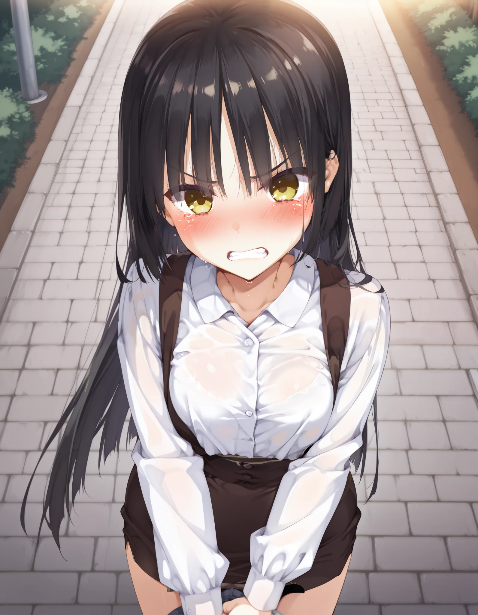 score_9, score_8_up, score_7_up,
shiki natsume, Cafe Stella、Shinigami no Butterflies, Muririn ,
long hair、 black hair, bungs, blunt ends, yellow eyes, moles under eyes,
white collared shirt, dress shirt, black skirt, High Waist Mini Skirt, suspenders、
(get angry、blush、 outdoors:1.3)、tears、
early morning、