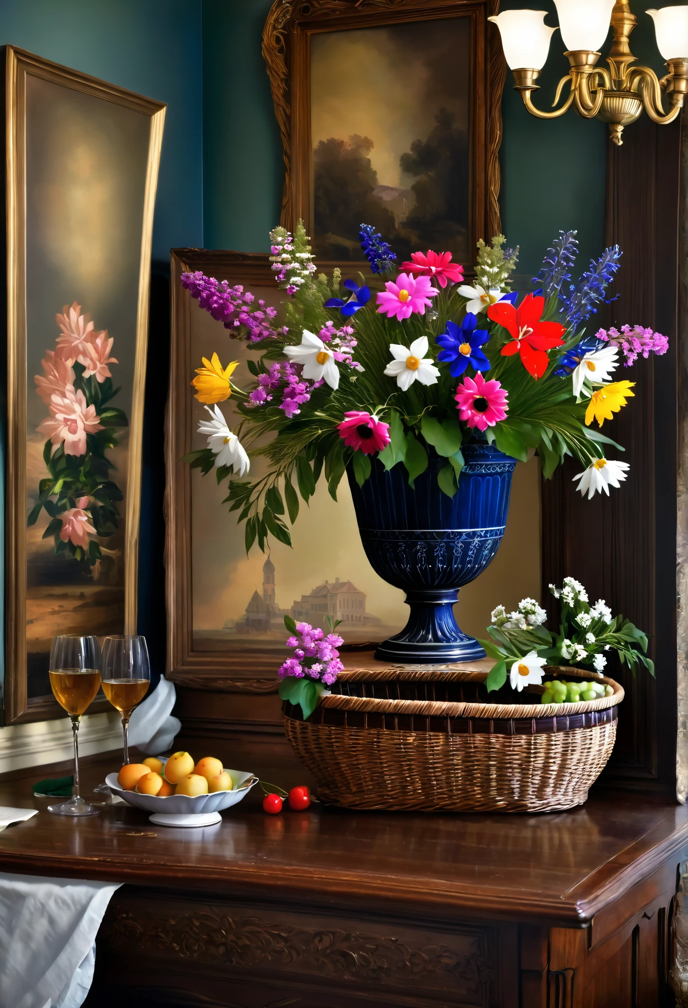 17th century painting,A basket of flowers to, on a table in a Victorian room