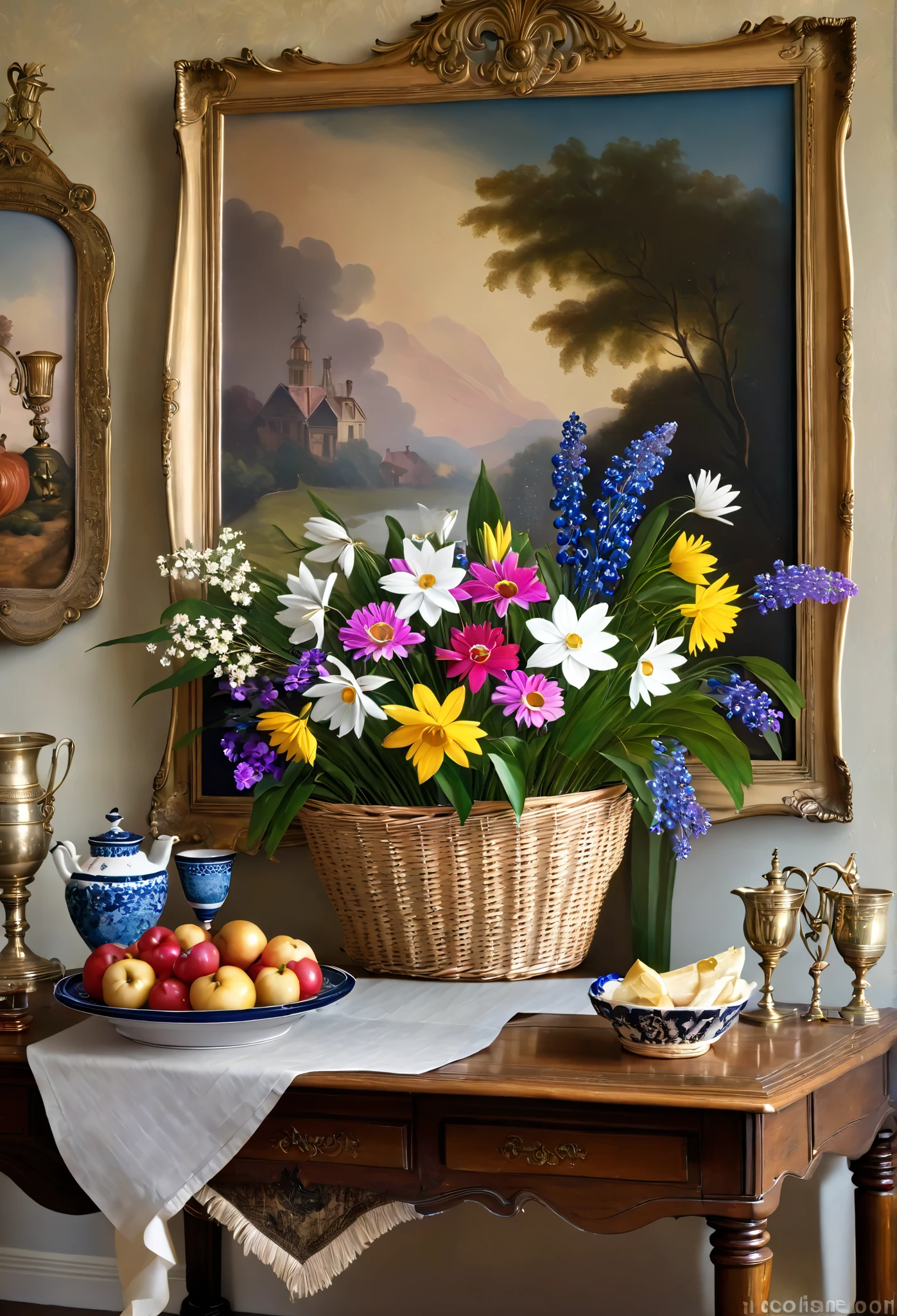 17th century painting,A basket of flowers to, on a table in a Victorian room