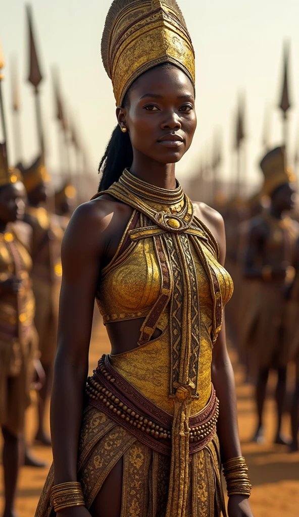 {The detailed image of warrior Queen Nzinga in her distinct southwest African warrior attire, as she might have appeared in the 17th-century}, Realistic Style influenced by Greg Rutkowski, Short Telephoto Lens, Medium Shot, (Highly Detailed:1.3), (Ambient Light:0.95), (8K Resolution:1.2), (Dribble:1.1)