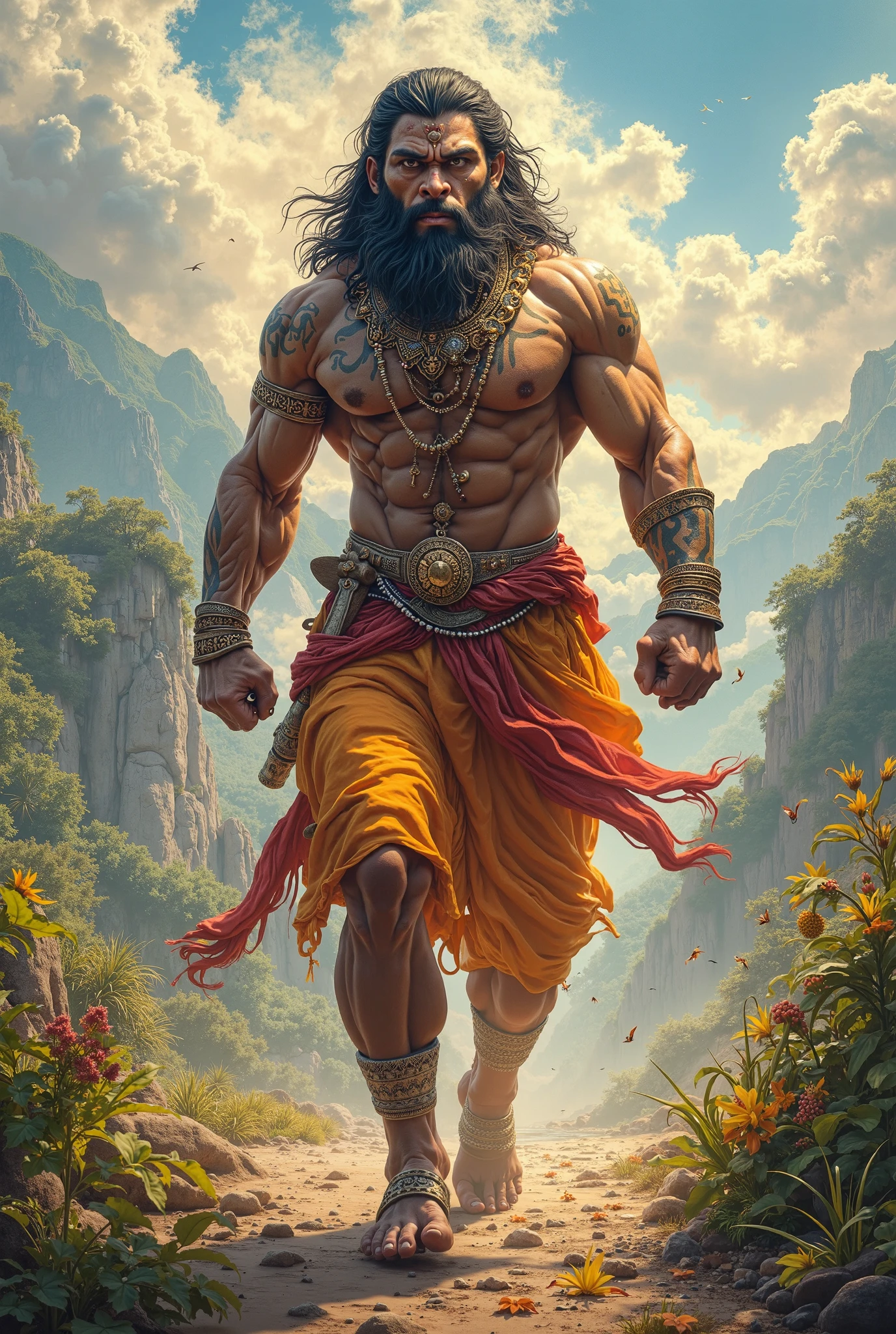 Lord Hanuman surrounded by mountains, red crystals and red flowers.