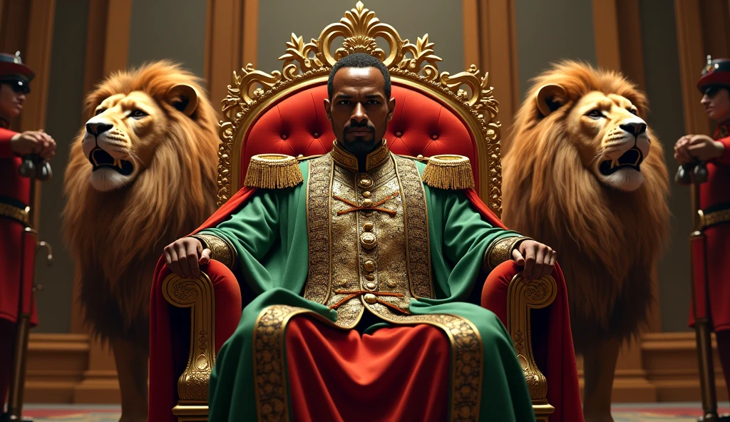 African king sitting on an African designed iron throne, in An African palace surrounded by African maids in african designed clothes, cgsociety 9, with iridescent light, 32k, ultra HD, unreal engine rendered, cinematic lighting, artgerm style, bright and vibrant colours, photorealistic image, Cgsociety 9 --auto --s2