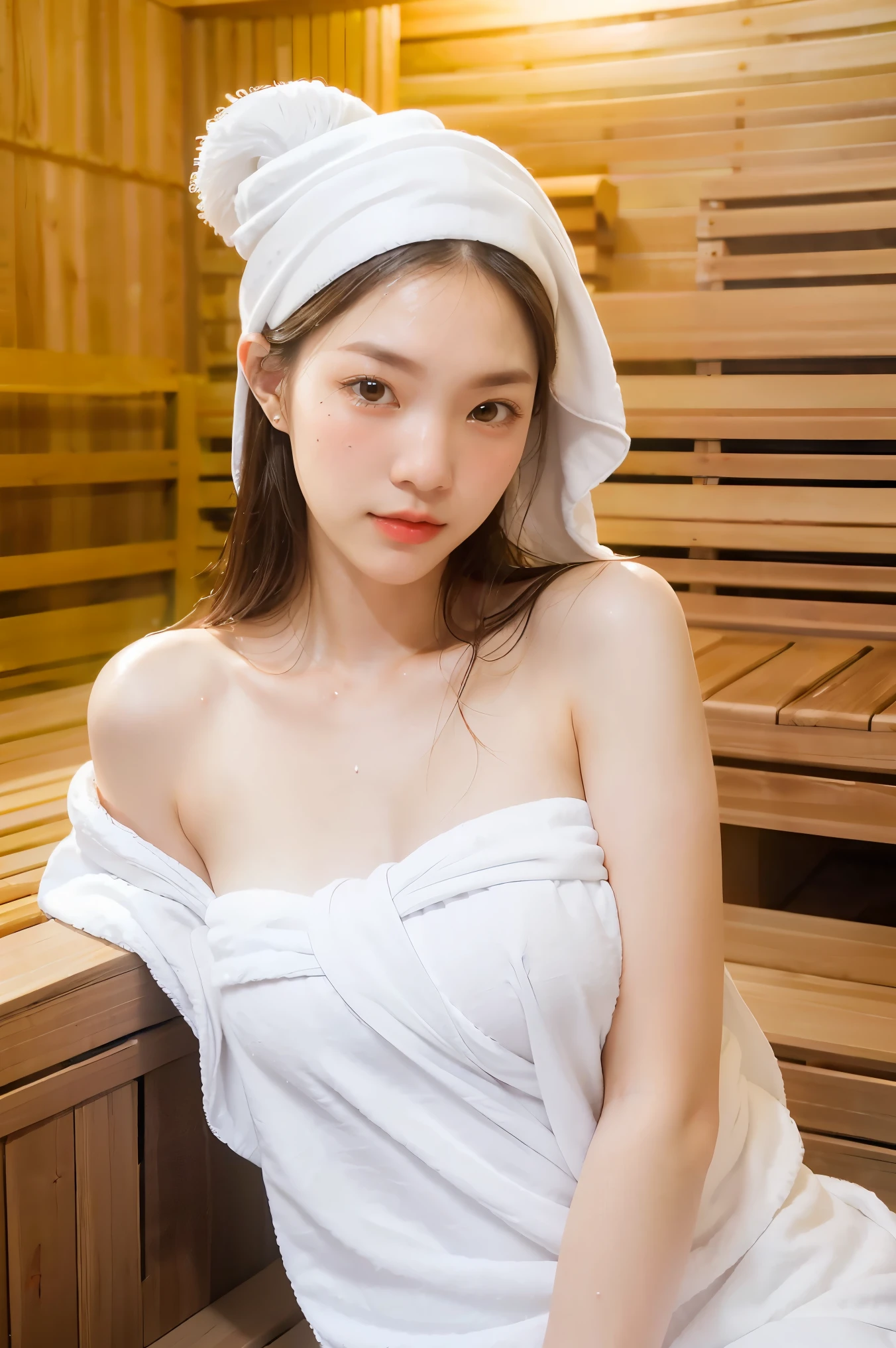 One girl, alone, (masterpiece, Highest quality, 8K,,Realistic, Real Girls, mulberry:1.37), Looking up at the viewer, A lovely 28-year-old Japanese, Slim figure: 1.1, Small breasts, Sitting, sauna, double eyelid, Droopy eyes, Black-haired, (Sweaty face, Sweaty body: 1.2): 0.2, (White oversized towel dress, Strapless), (Small in size, White Towel Turban: 1.1), Finnish sauna, Realistic body, compensate, Gross slip, Focus on the face, Makes your face smaller, Sharp focus, Layered Cut, Facing the audience, The sauna has the following.., Photographed from the front