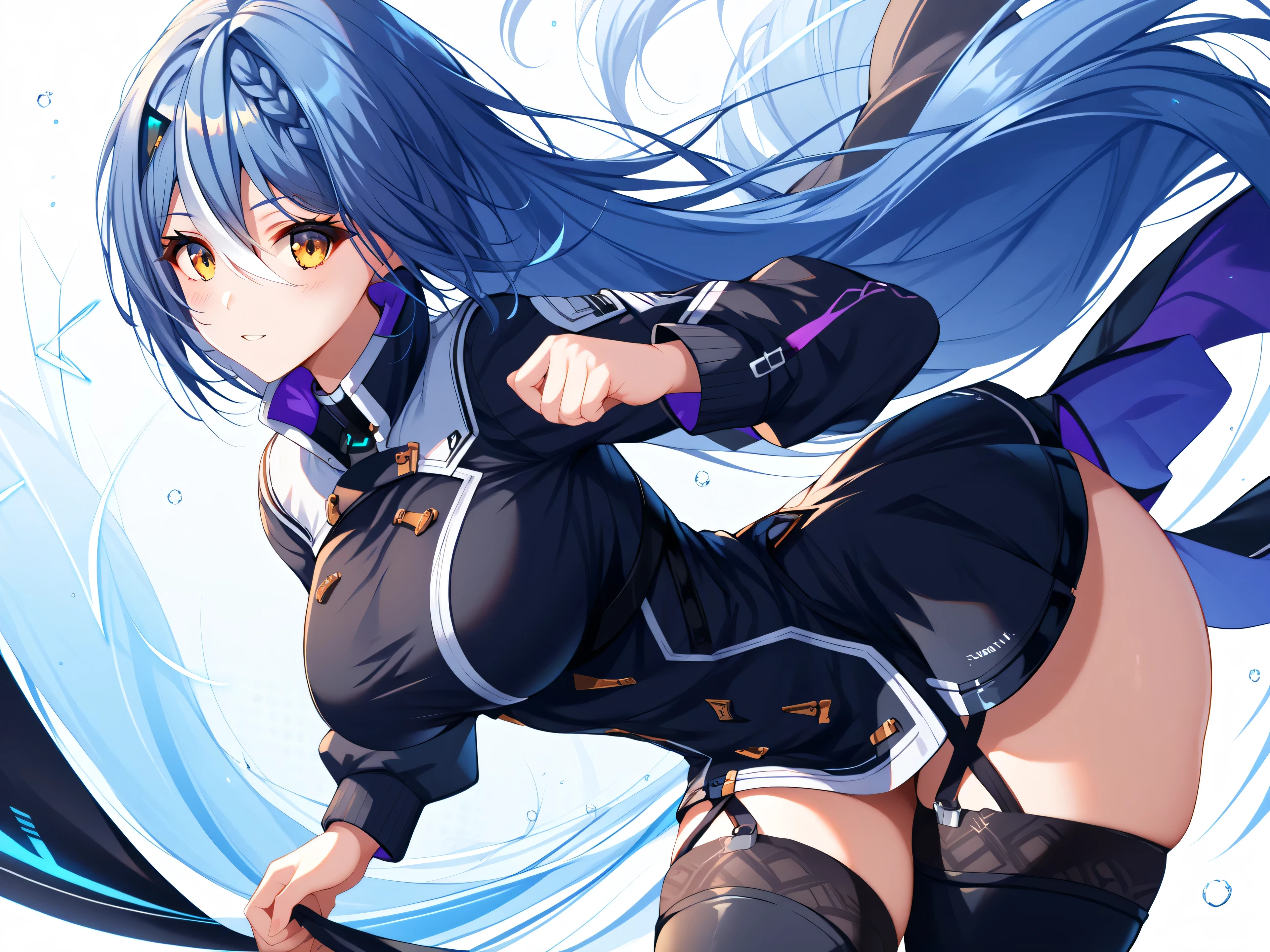 master piece、Best Quality,Super detailed,High resolution,Extremely detailed CG,Unity 8K Wallpaper,weat,score_9, score_8_up, score_7_up, score_6_up, score_5_up, score_4_up, source_anime ,Etra, blue hair, long hair, yellow eyes, white streaked hair, braid, hairclip, Vt_1st, short dress, black dress, long sleeves, garter straps, thigh boots, black footwear, high collar, ,thick thighs,wide hips,large breasts 