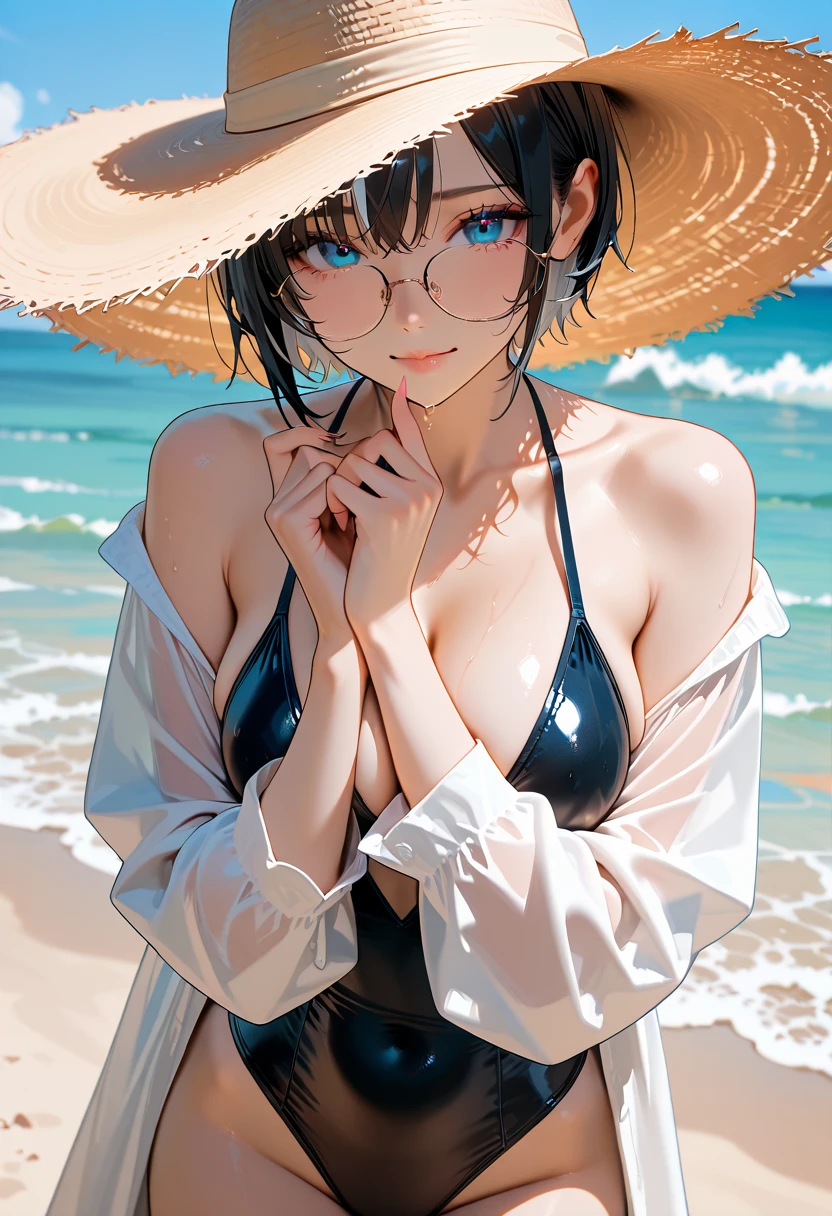 (masterpiece, best quality), illustration, <lora:chainsawman_yoruv2:1>, yoru, 1girl, long hair, red eyes, scar on face, scar on nose, ringed eyes, bikini, smile, looking at viewer, ocean, black hair