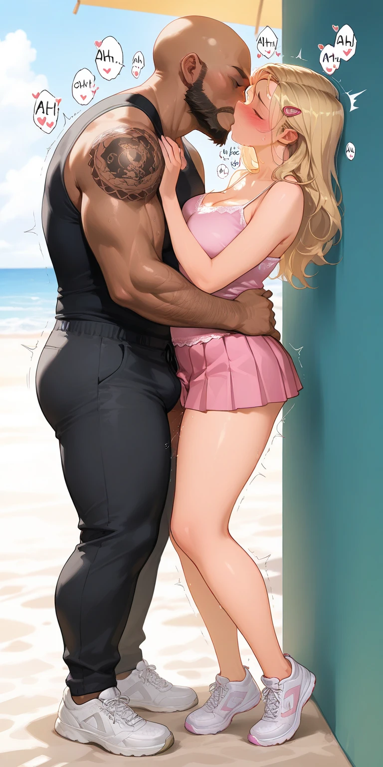 1male, 1female, from Persona 5, Persona style, Ann and her black boyfriend, romance, milf, (((Ann Takamaki))), blonde hair, blue eyes, pigtails, side bangs, detailed face, Huge-breasts, ((Interracial)), Netorare, male domination, couple posing, ((African man touching her body)), cheating, blushing, sidelocks, hourglass figure, wide thighs, pubic hair, full lips, expressive eyes, smug, teasing smile, nude, at Africa beach, absurdres, 4k, amazing quality, masterpiece, soft colors, best quality, extremely detailed, shadows, highly detailed, highres, very aesthetic, balanced lighting, masculine male, african tribal warrior, dark hair, naked body, dark skinned male