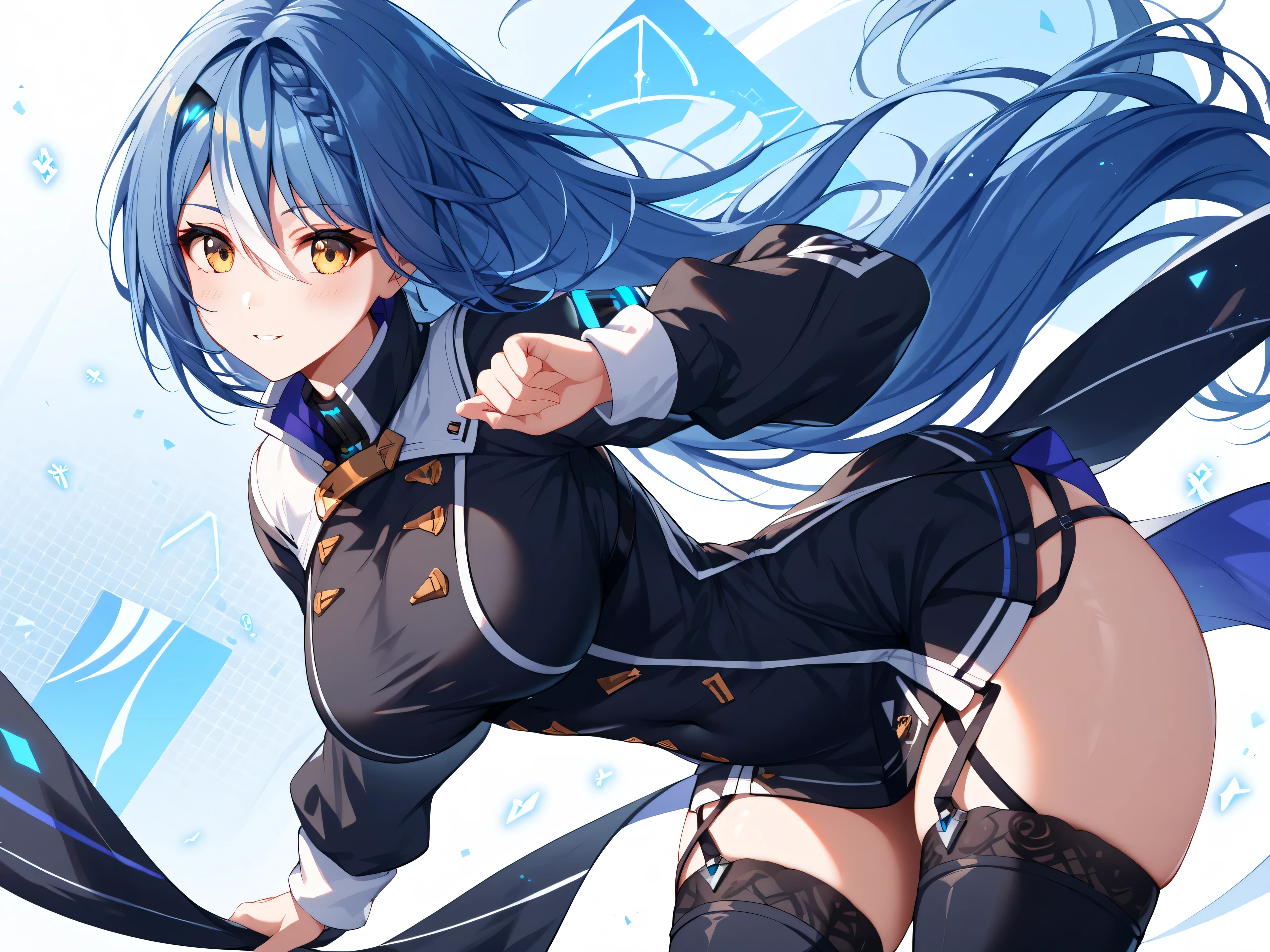 master piece、Best Quality,Super detailed,High resolution,Extremely detailed CG,Unity 8K Wallpaper,weat,score_9, score_8_up, score_7_up, score_6_up, score_5_up, score_4_up, source_anime ,Etra, blue hair, long hair, yellow eyes, white streaked hair, braid, hairclip, Vt_1st, short dress, black dress, long sleeves, garter straps, thigh boots, black footwear, high collar, ,thick thighs,wide hips,large breasts