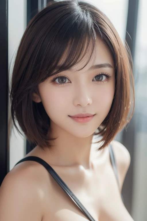 1 girl, highest quality, 35mm lens, f/1.8, perfect skin, realistic, (adult face:1.2), 8K, award winning photography,nice, (portrait:0.6), cinematic, ultra high resolution,big breasts,cleavage,short hair