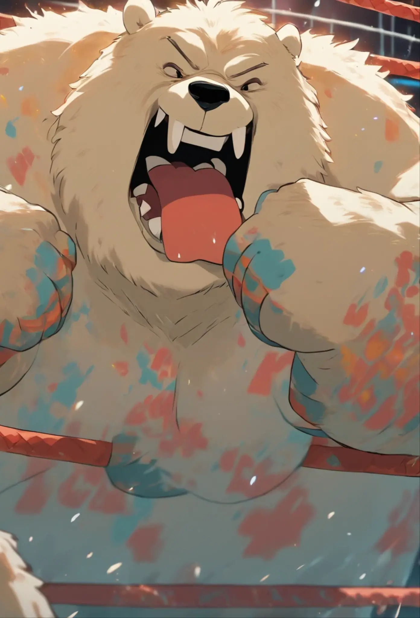 chubby muscular fluffy polar bear with a gray beard huge eyebrows and huge fangs and huge upperbody wearing wrestling trunks while sweaty and tired and resting on the corner of the wrestling ring in pain