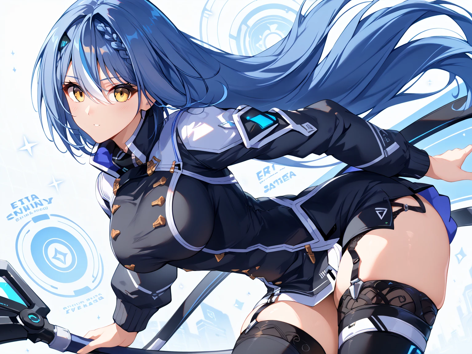 (best quality, In 4K, 8K, High resolution, muste piece:1.2),Super detailed, (Reality, photorealistic, photorealistic:1.37),30 year old woman,ripe woman,Mature woman,((Inside a castle),muste piece, Top quality, Ultra-fine,maximum resolution, Extremely detailed, (Regretful face,White Imperial Outfit,silver Armor,holy knights,thigh high socks,huge breasts,groin,helm,leotard)),thong,Cord,blue hair,Seductive thighs,standing,blade in hand,cowboy shot,ass