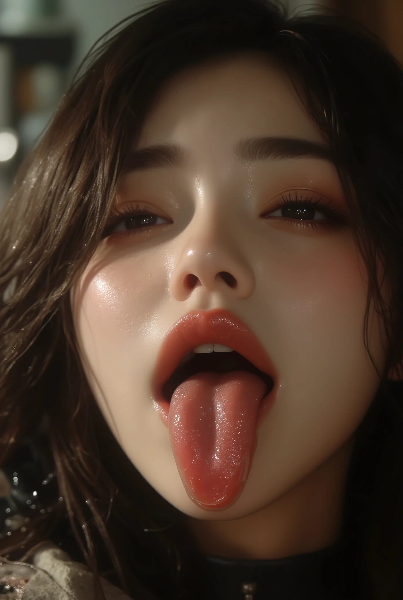 1 girl、Flying debris、、Award-winning photo、Very detailed、Big double eyelids、nose、the focus is on the mouth、close-up focus on face))、Woman with open mouth and closed eyes、18-year-old、Black Hair、