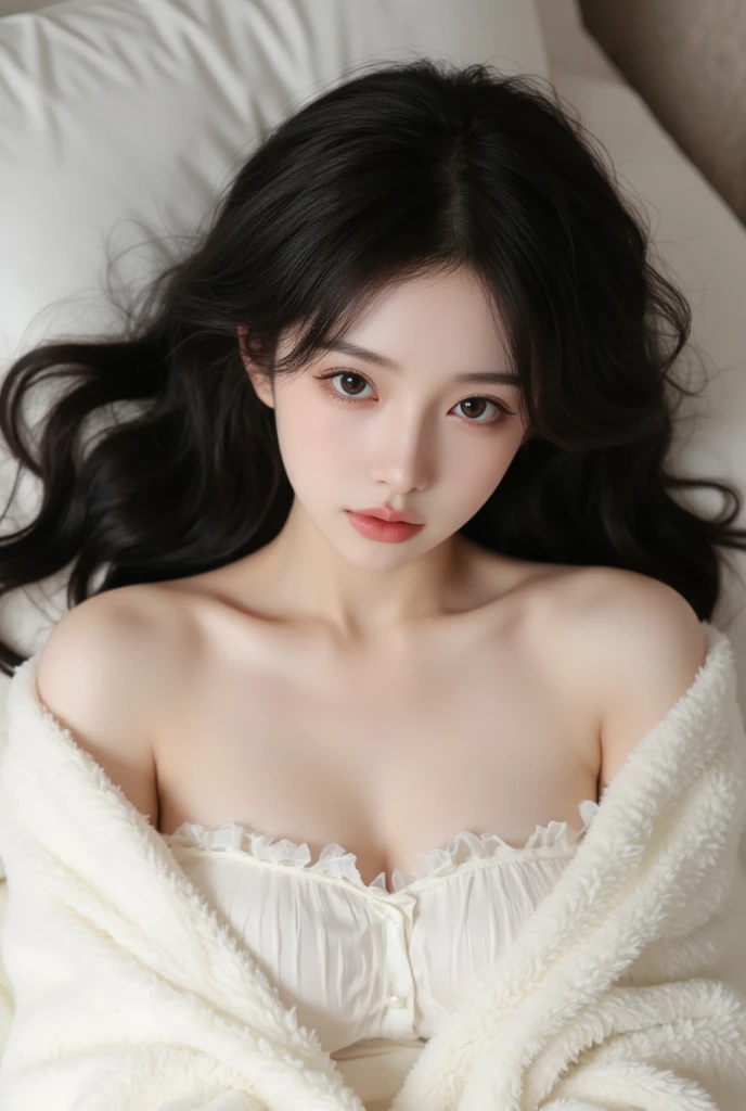 ((masterpiece)), (best quality), photorealistic, (absurdres), ultra detailed, hdr, <lora:asianGirlsFace_v1:0.4>, <lora:Party_Dress Tiered_Dress:0.6>, <lora:ClothingAdjuster3:-0.6>, <lora:add_sharpness:2>,
(from above), (aerial view:1.5), a cute girl wearing see through white (party tiered) dress lying on bed with graceful posture, jewelry, beautiful face, looking up, soft and gentle smile, messy long black hair, breasts focus, (dimly dark scene),
